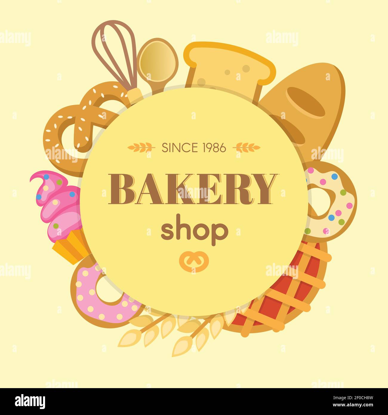 Bakery flat round composition with whisk spoon bread cupcake bagel
