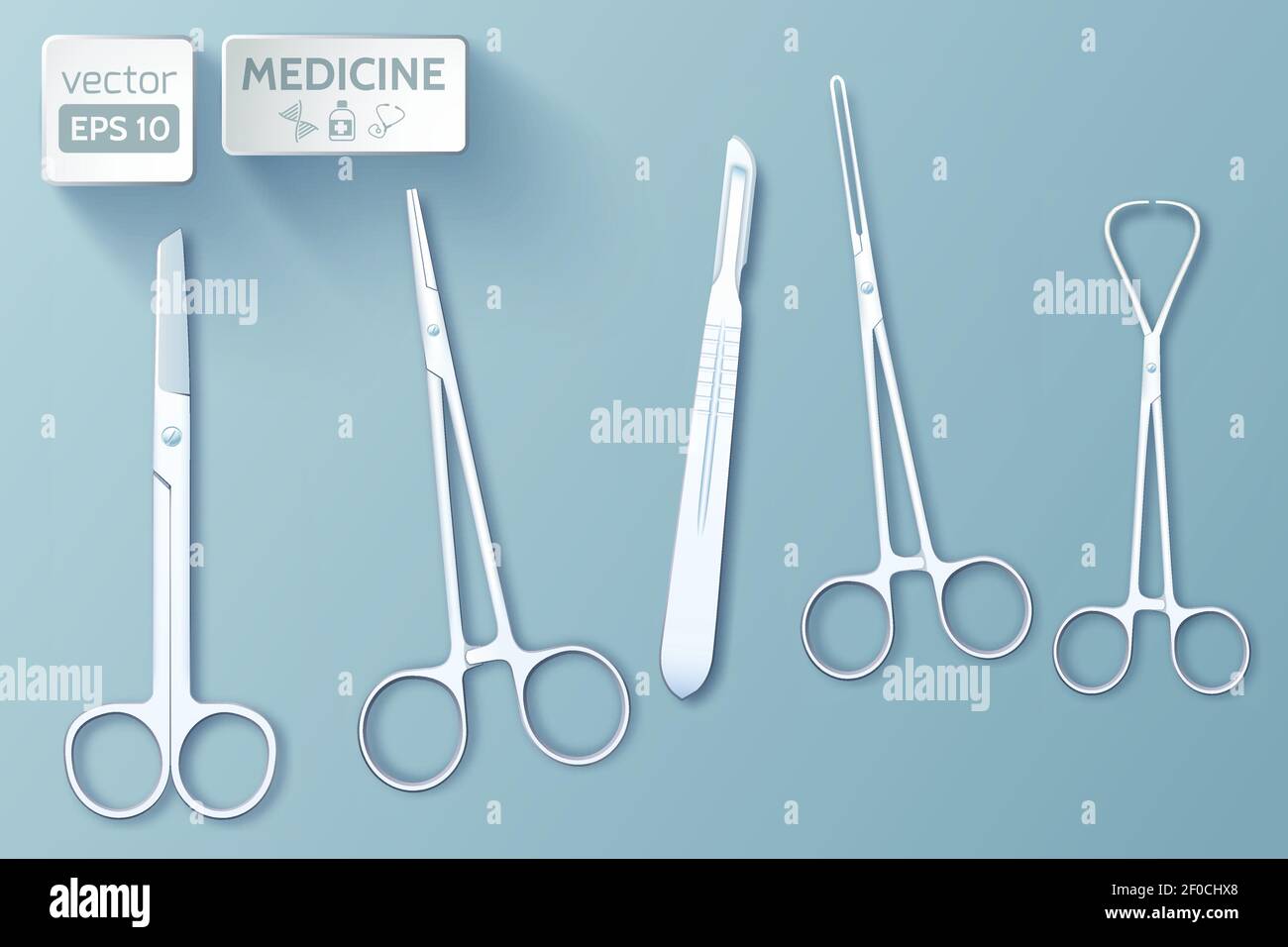 Medical tools set of forceps scalpel scissors clamp on blue background isolated vector