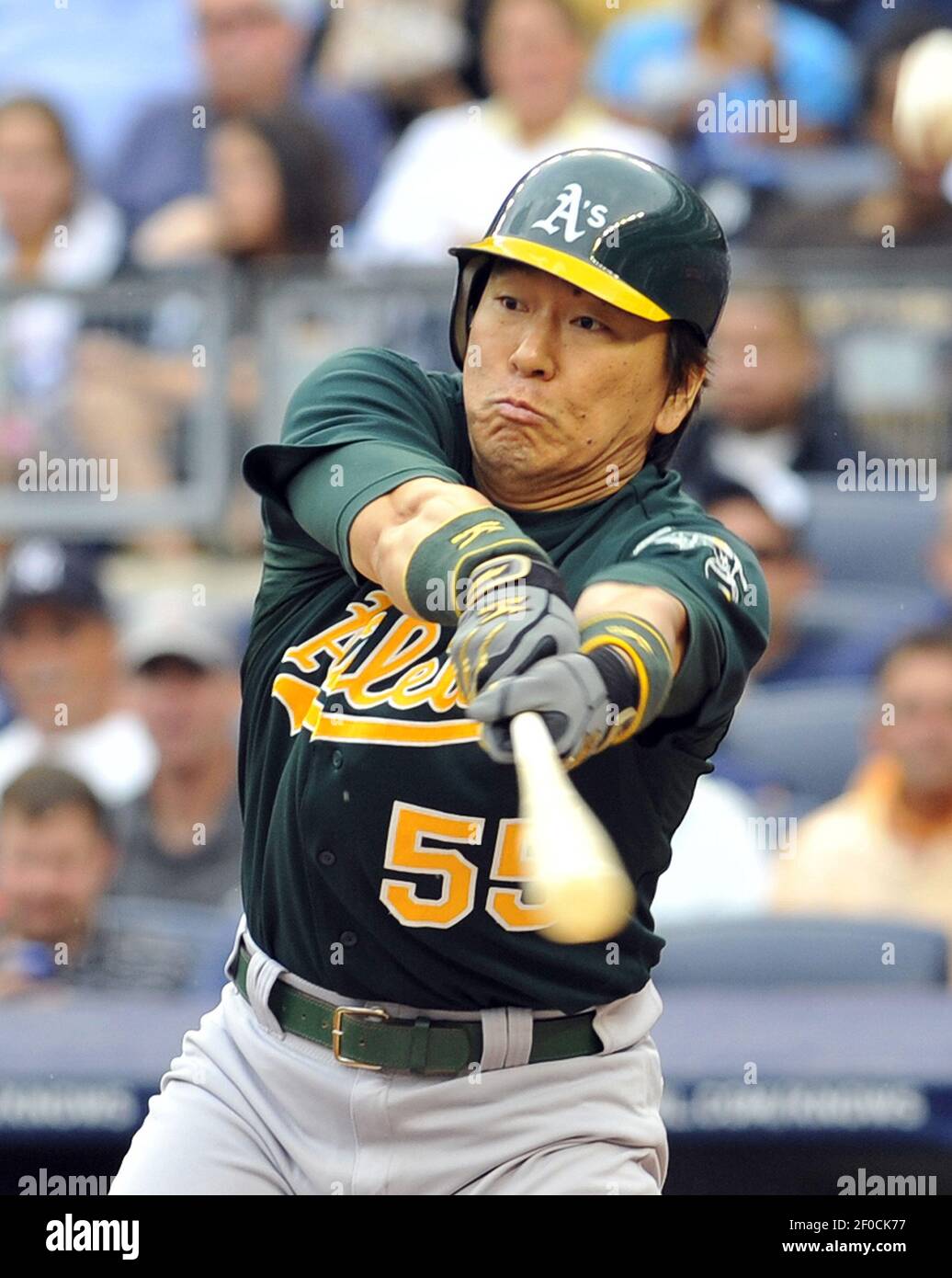 Hideki Matsui of the Oakland A's bats against the New York Yankees