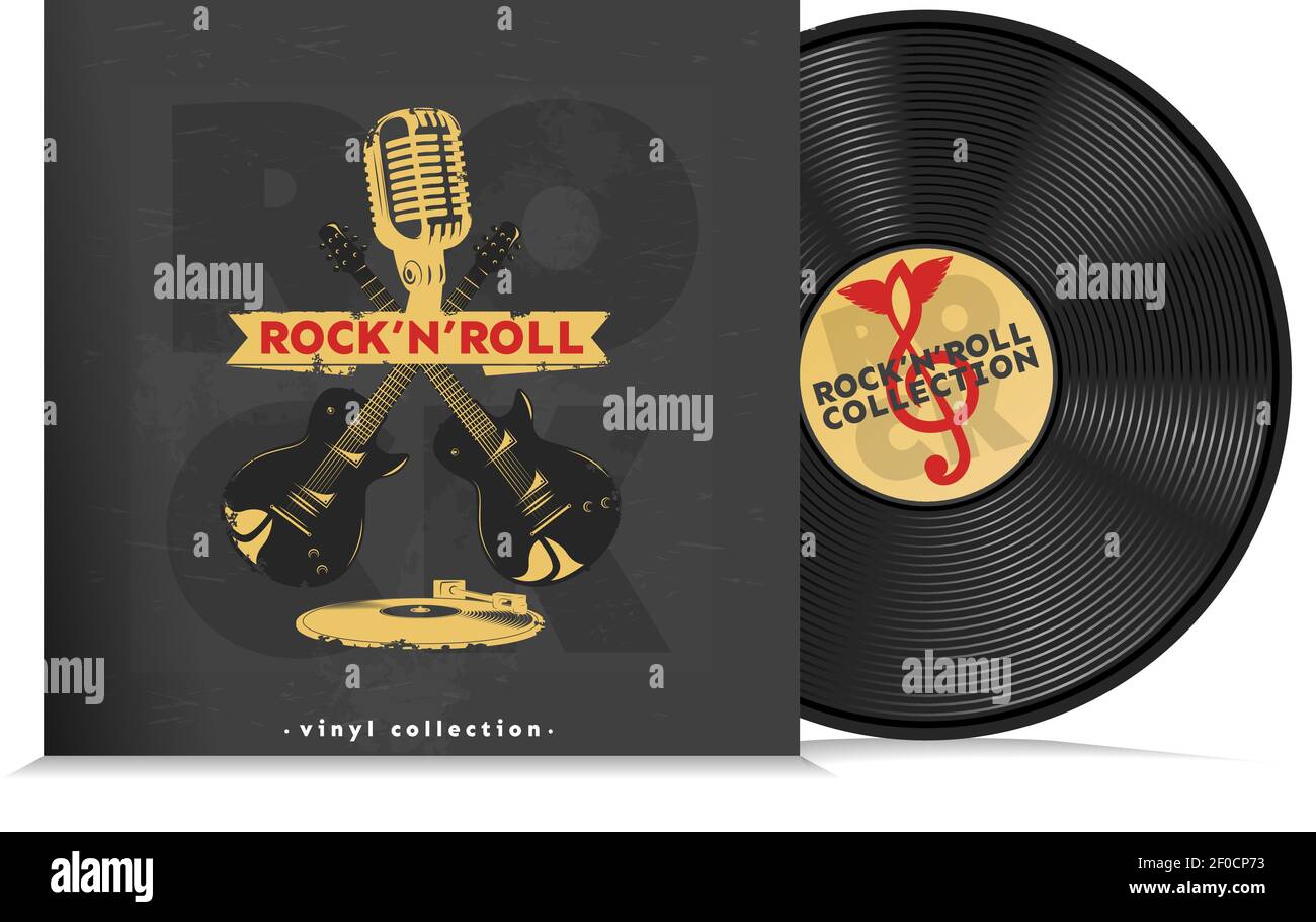 Music vinyl disc composition realistic musical disk with headline rock ...