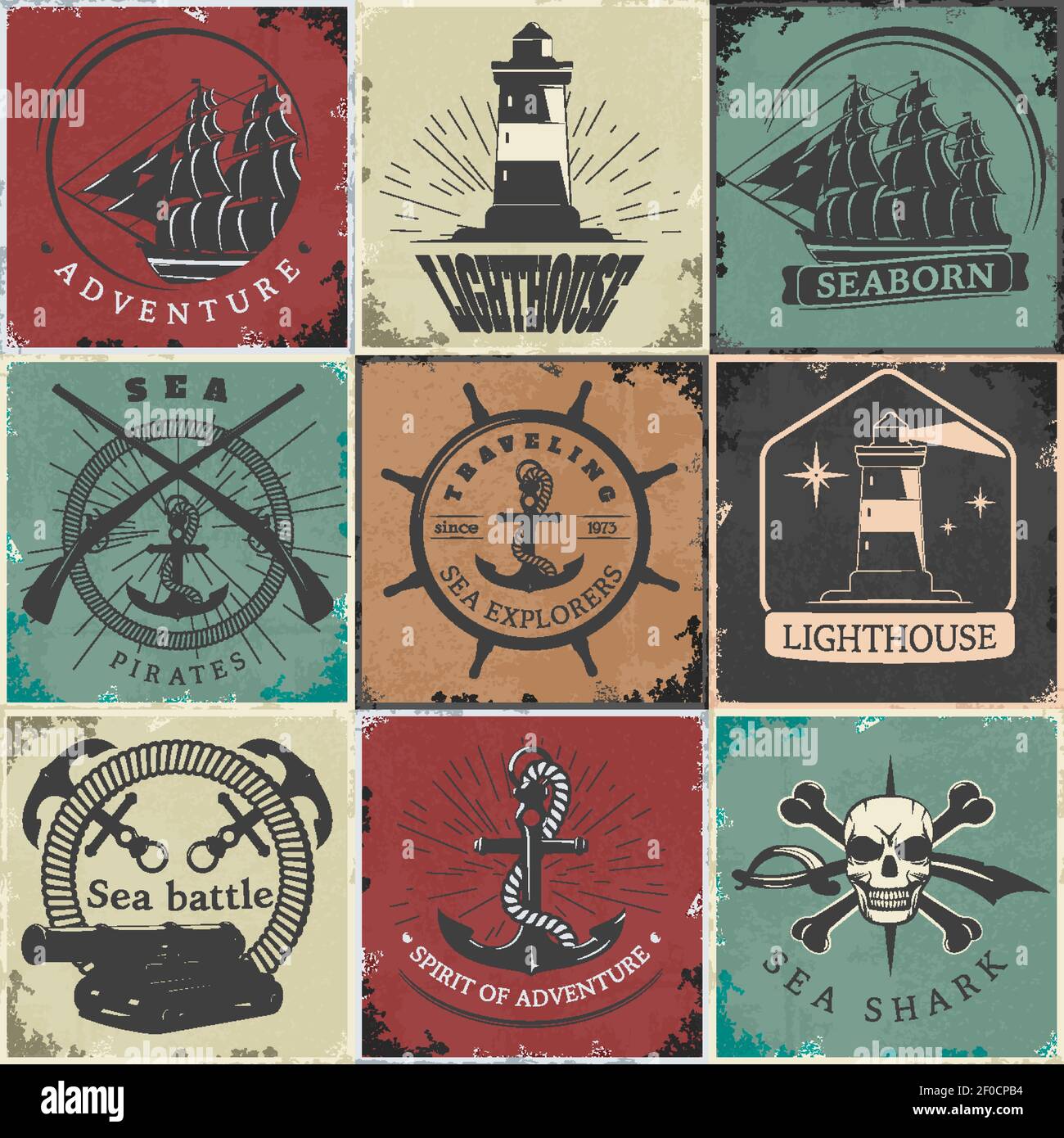 Sailing vintage stickers with lighthouse anchors rope skull sword ship ...