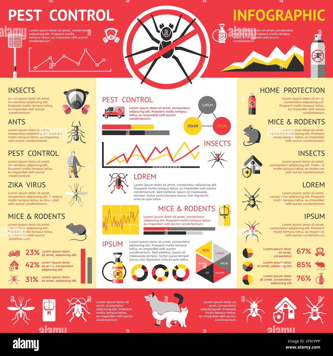 Pest control infographics with insects rodents pets protective clothes means of destruction diargrams graphs statistics vector illustration Stock Vector