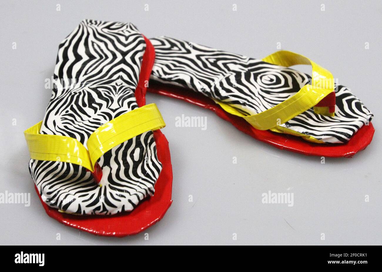 Flip flops made out of duct tape are a fun project, and perfect for anyone  who attends the Duct Tape Festival in Avon Lake, Ohio. (Photo by Mike  Cardew/Akron Beacon Journal/MCT/Sipa USA