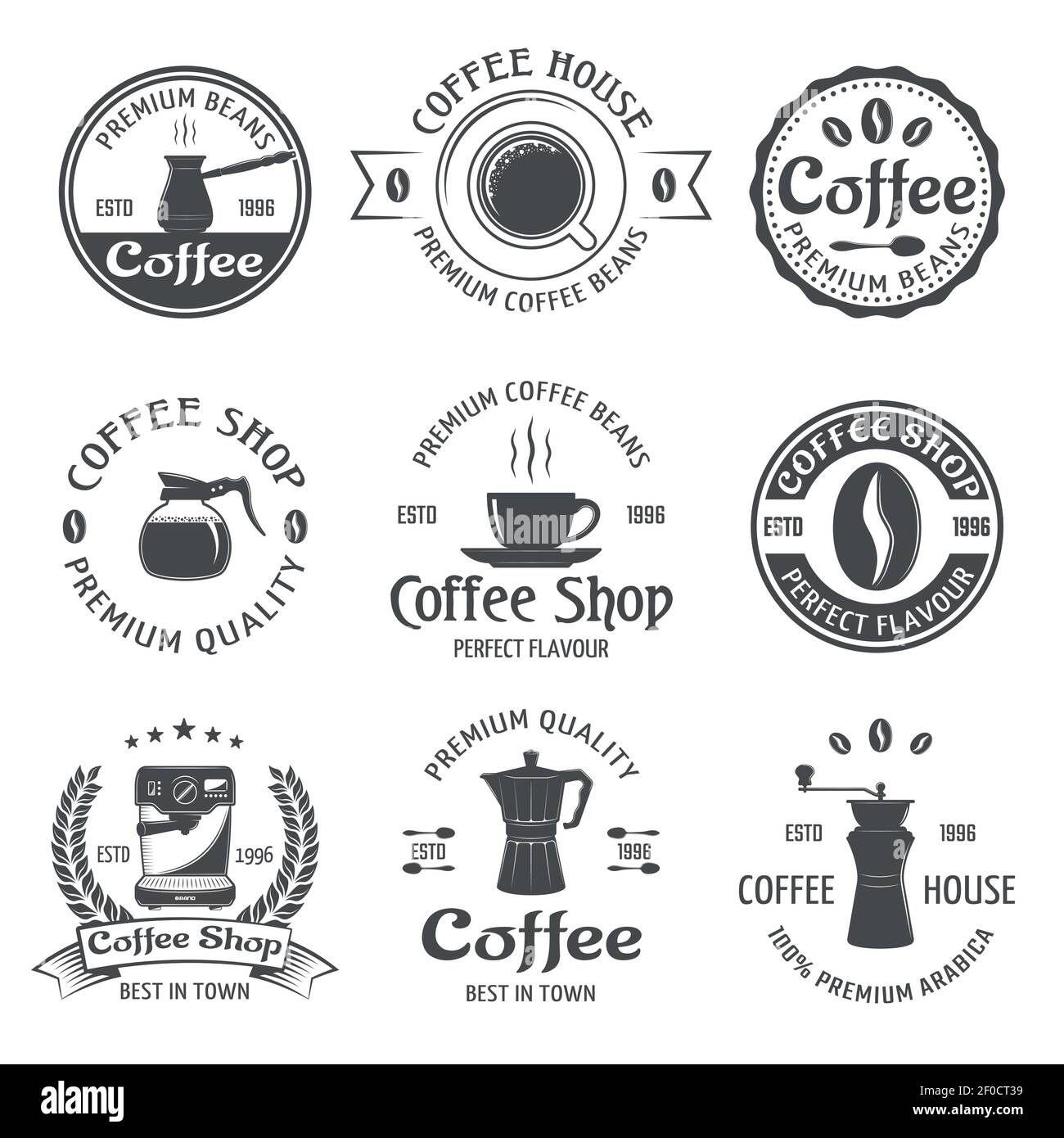Coffee emblem set with premium beams coffee house and coffee shop descriptions vector illustration Stock Vector