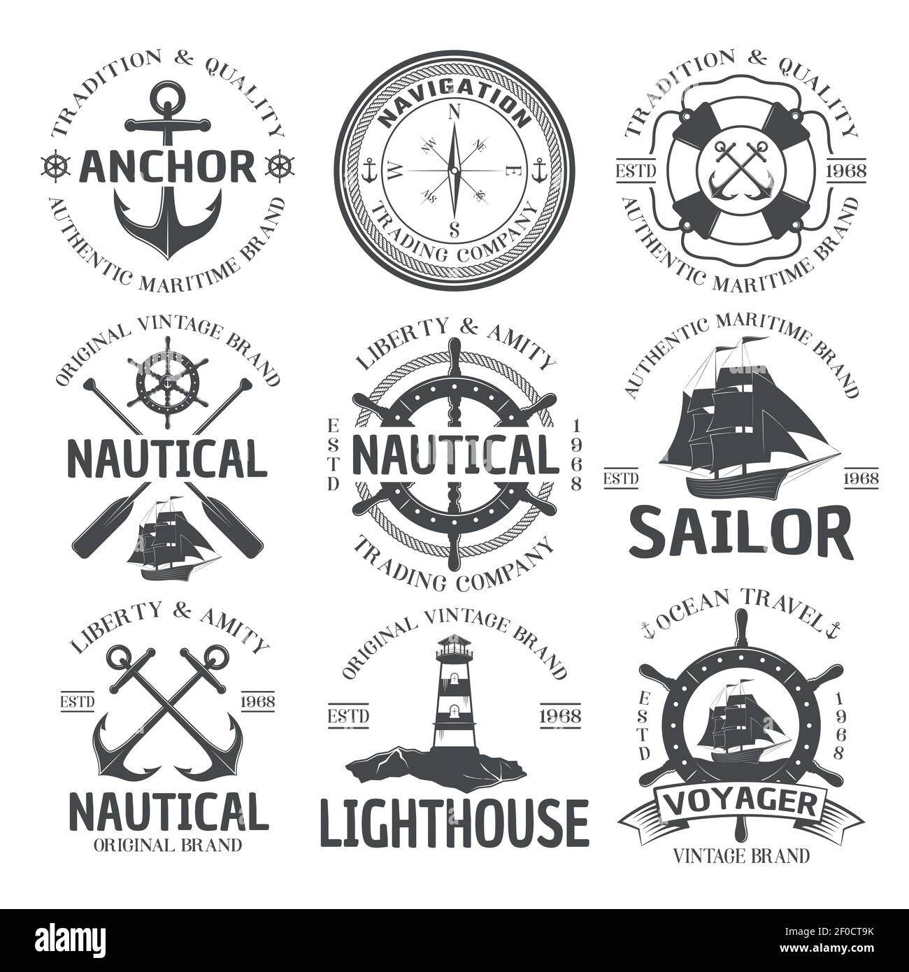 Nautical emblem set with anchor authentic maritime brand navigation trading company nautical original vintage brand descriptions vector illustration Stock Vector