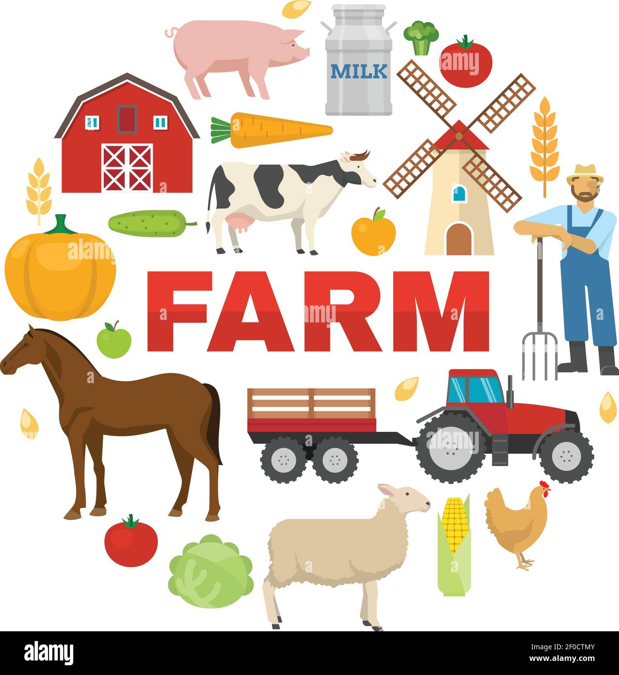 Farm round design with fruit vegetables rural animals barn windmill tractor on white background vector illustration Stock Vector