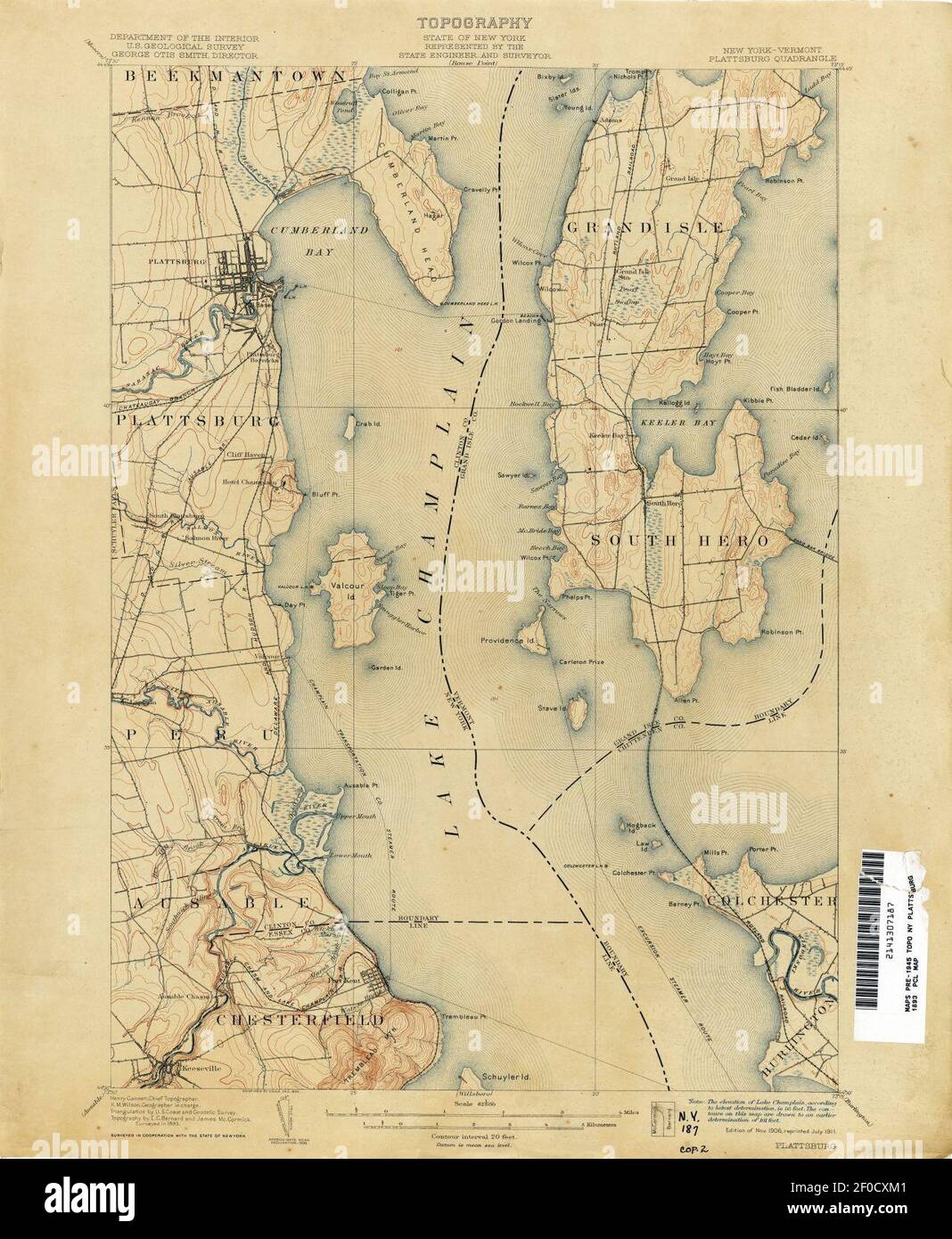 Plattsburg New York USGS topo map 1893. Stock Photo