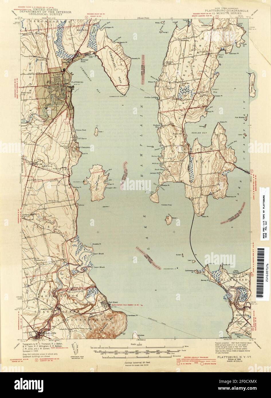 Plattsburg New York USGS topo map 1939. Stock Photo