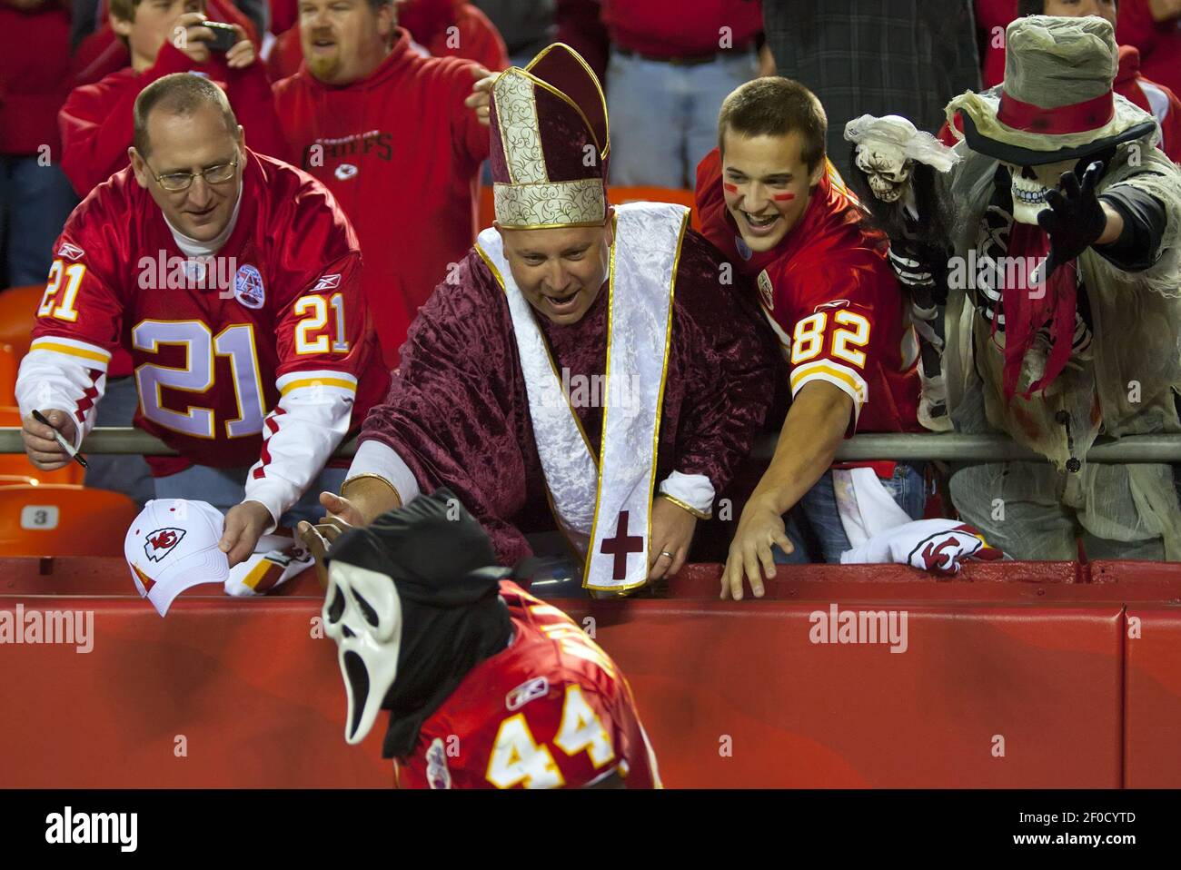 Kansas City Chiefs fans in Halloween costumes celebrated the Chiefs' 23-20  overtime victory over the San Diego Chargers during Monday's football game  on October 31, 2011, in Kansas City, Missouri. (Photo by