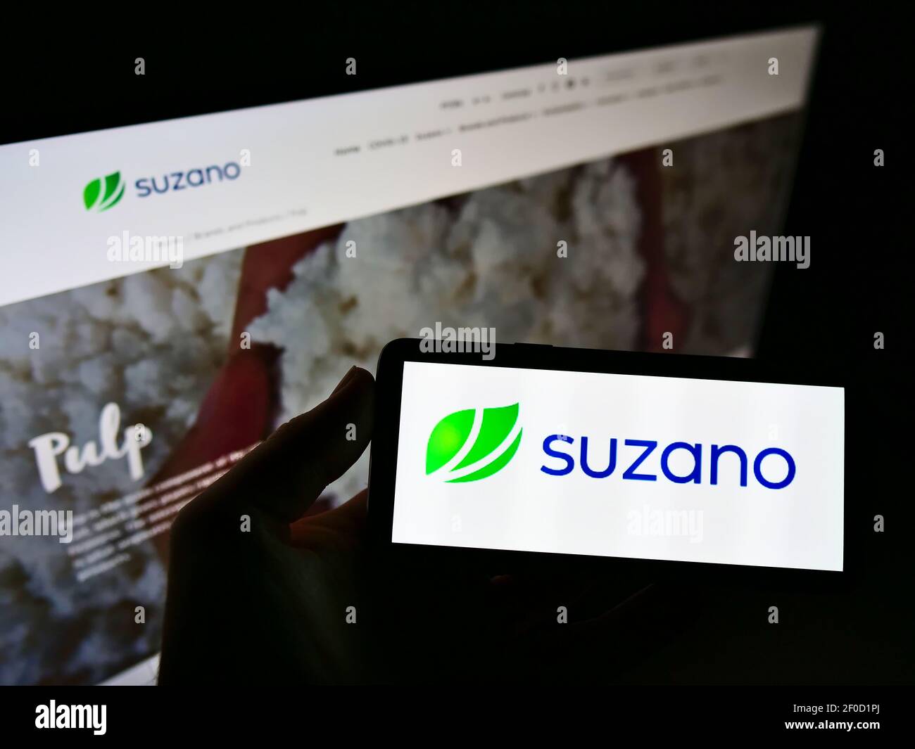 Person holding smartphone with logo of Brazilian pulp and paper manufacturer Suzano S.A. on screen in front of website. Focus on phone display. Stock Photo