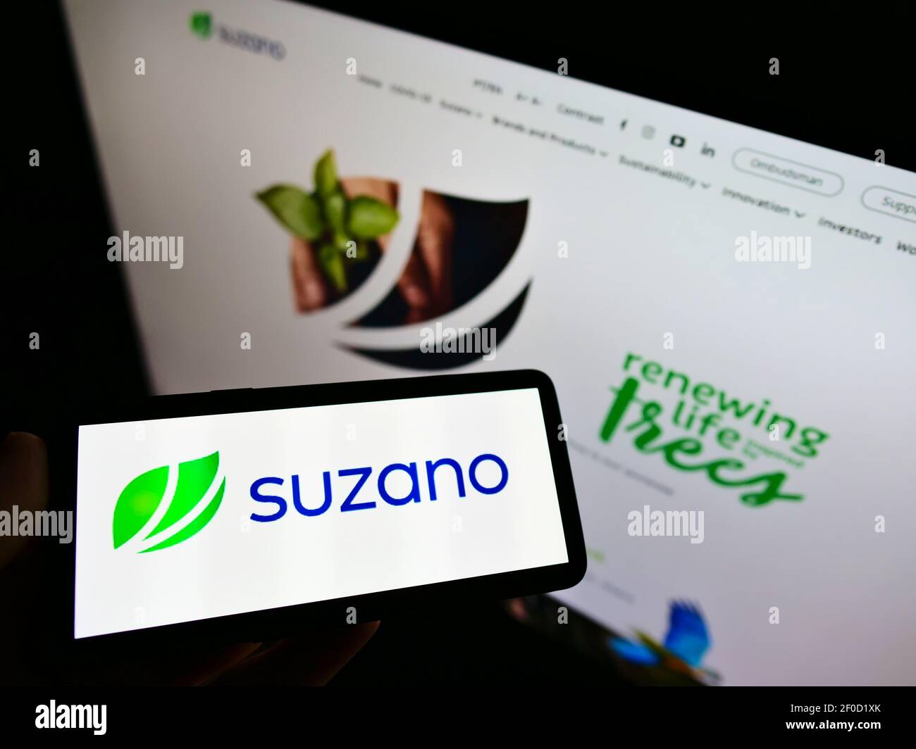 Person holding cellphone with logo of Brazilian pulp and paper company Suzano S.A. on screen in front of business website. Focus on phone display. Stock Photo