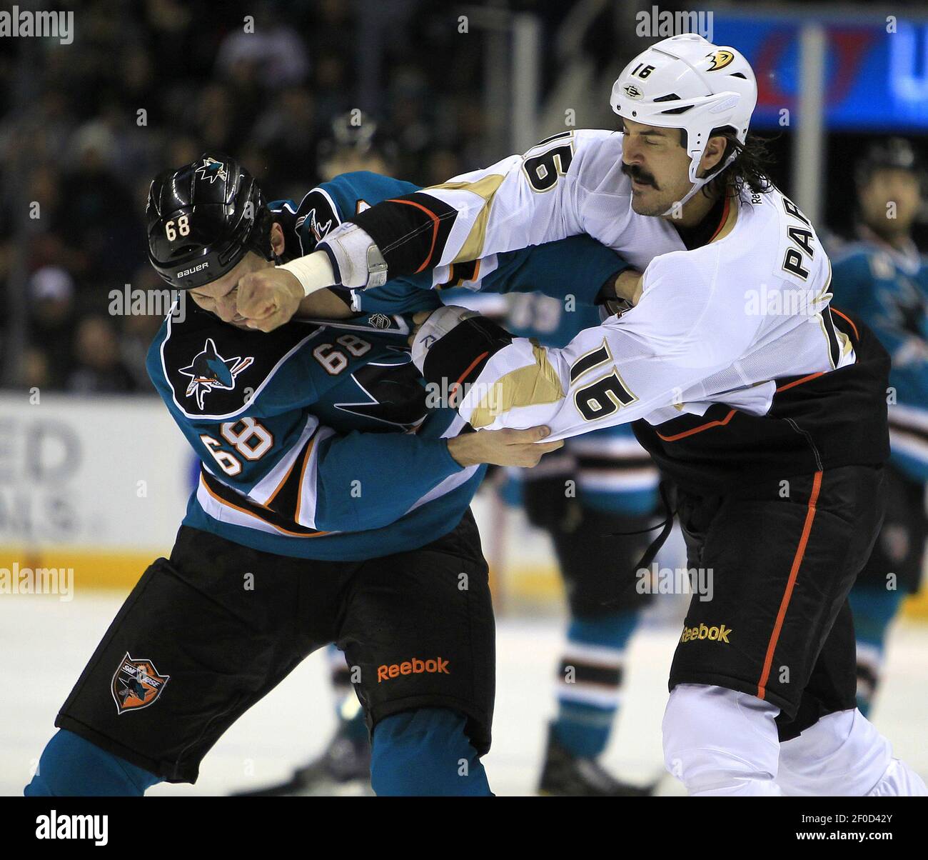 Anaheim Ducks' George Parros (16) fights with Florida Panthers' Krystofer  Barch (21) during the first period of an NHL hockey gameon Sunday, Feb. 19,  2012 in Sunrise, Fla. (AP Photo/Gary I Rothstein