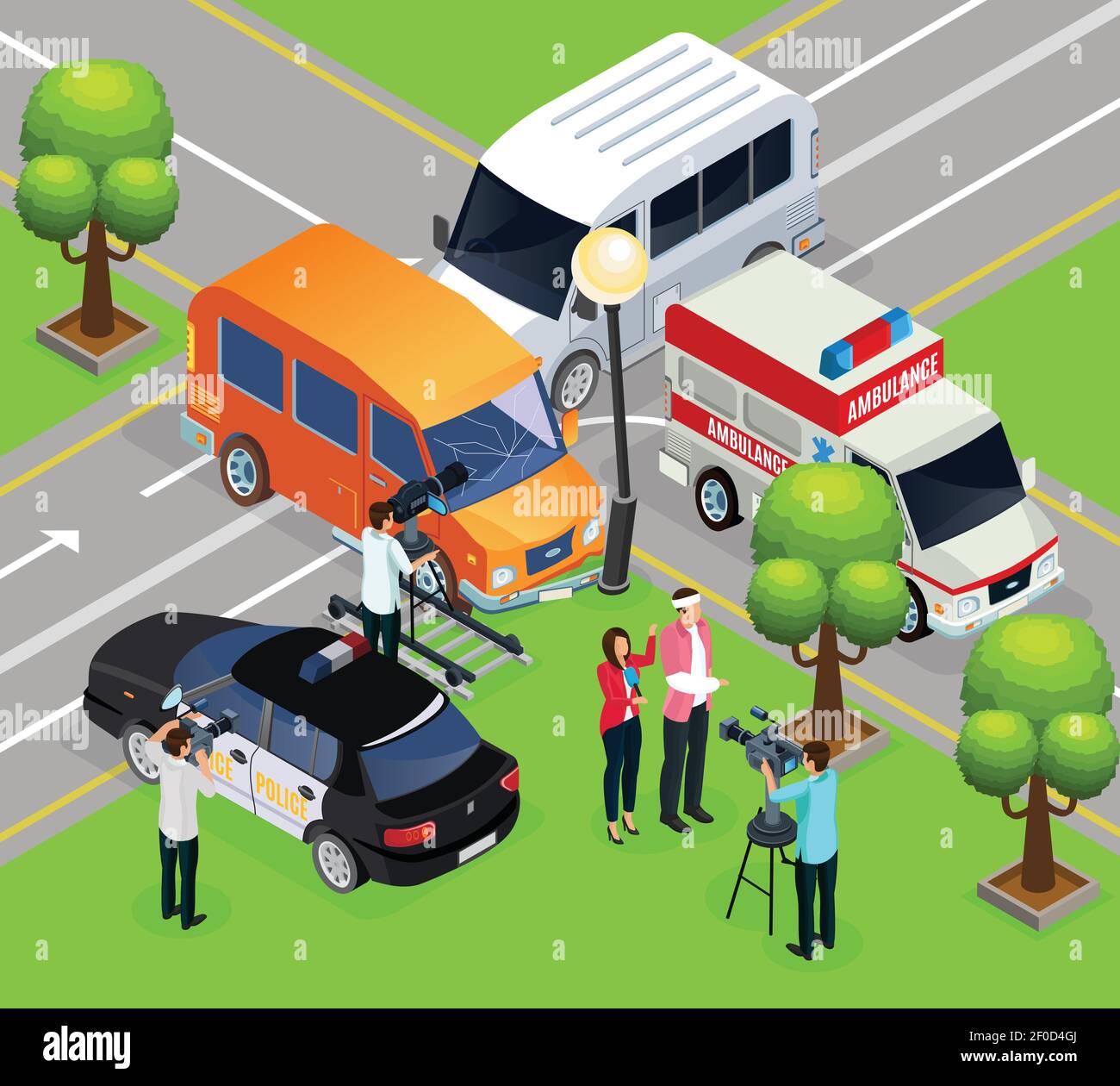 Isometric reportage shooting template with film crew making report from scene of accident vector illustration Stock Vector