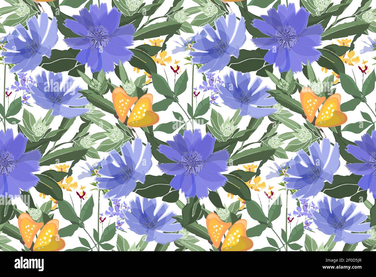 Vector floral seamless pattern. Blue chicory, yellow butterflies. Stock Vector