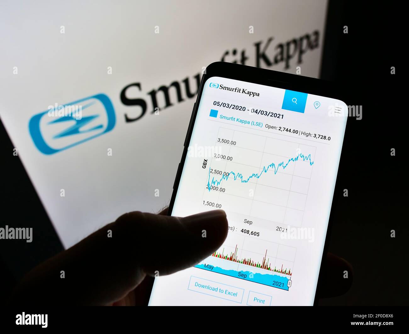 Person holding smartphone with website and chart of packaging company Smurfit Kappa Group plc on screen with logo. Focus on center of phone display. Stock Photo