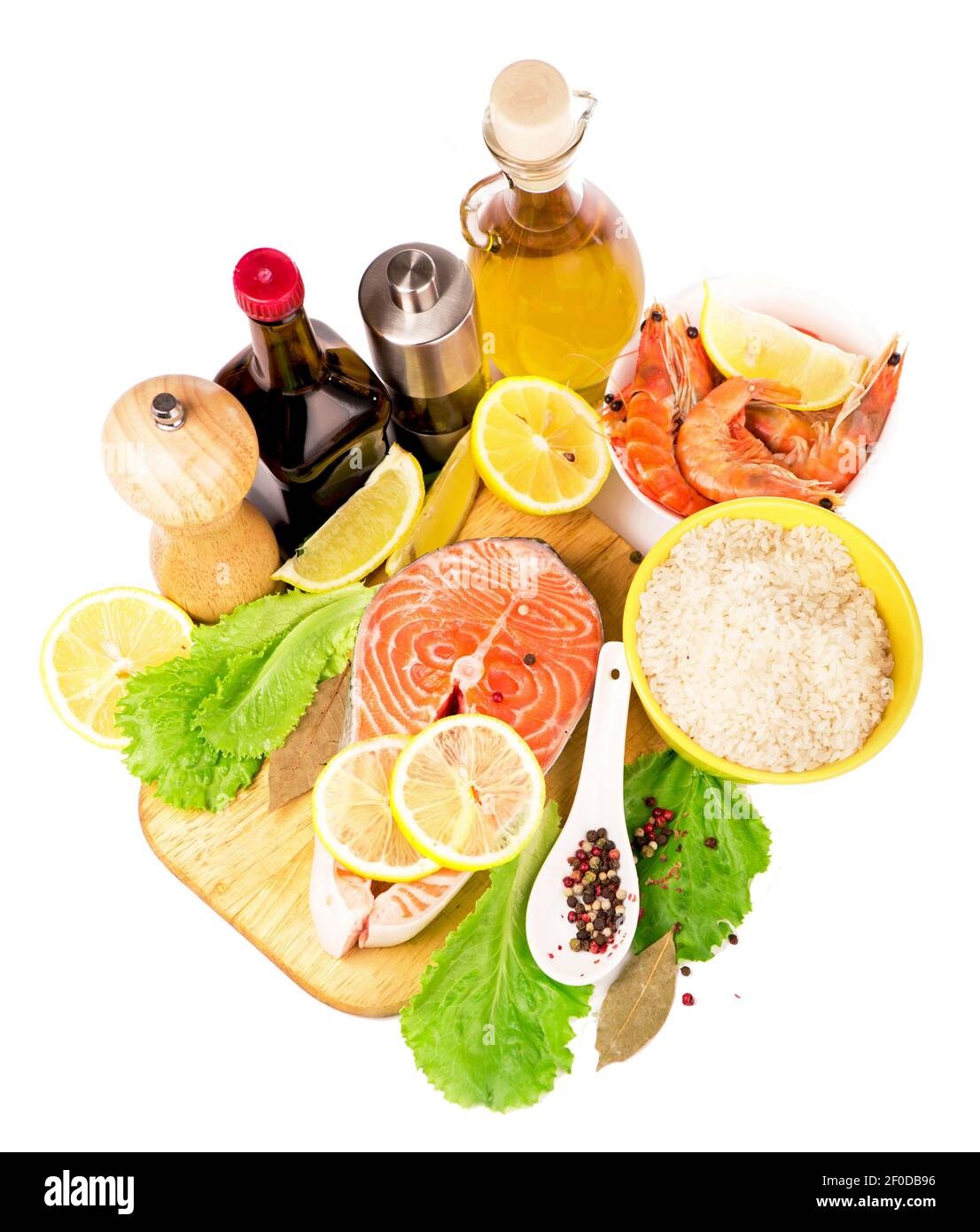 traditional asian ingredients Fresh salmon steak filet, ginger, lemon