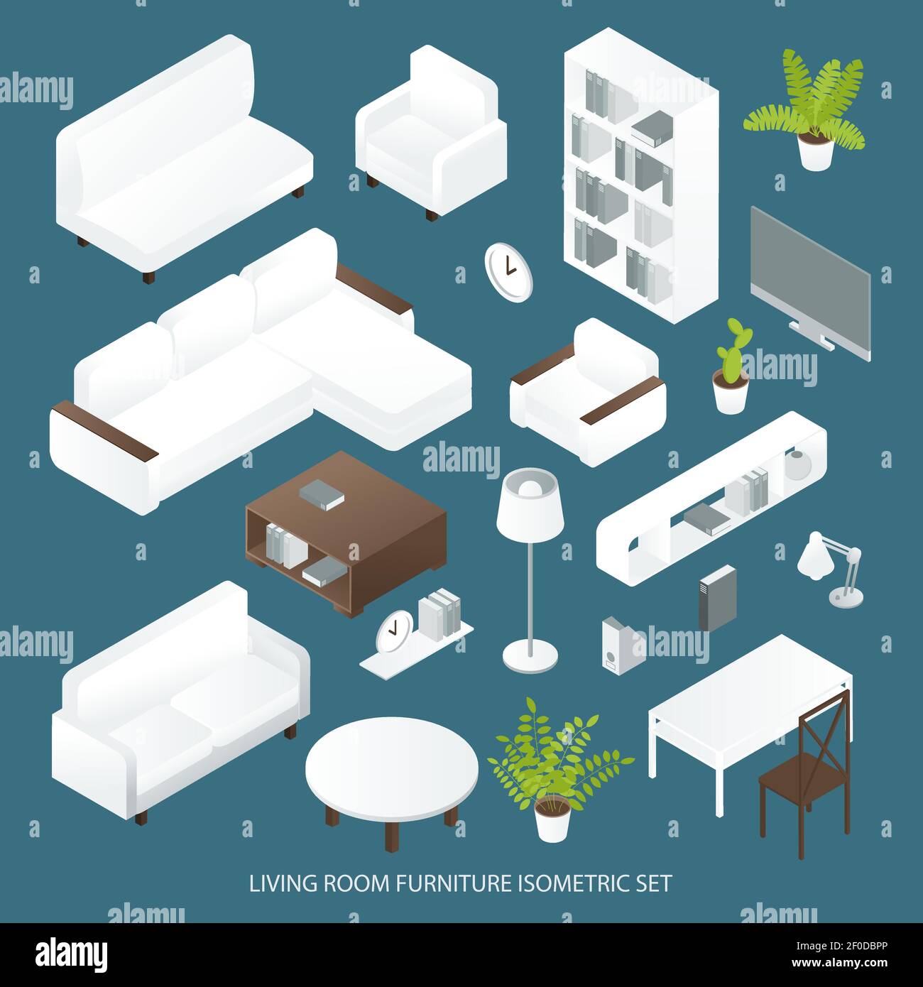 Living room furniture isometric set with sofas bookcase tables lamps tv ...