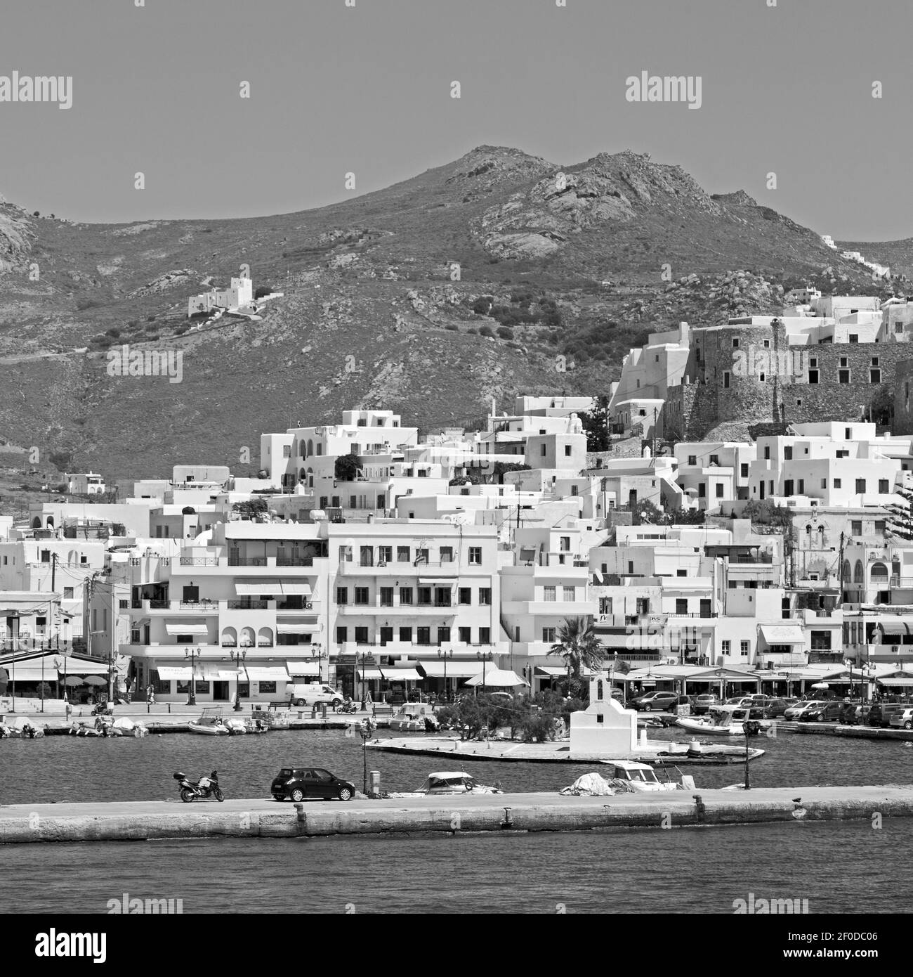 Old history  in cyclades island harbor and boat santorini naksos europe house construction Stock Photo
