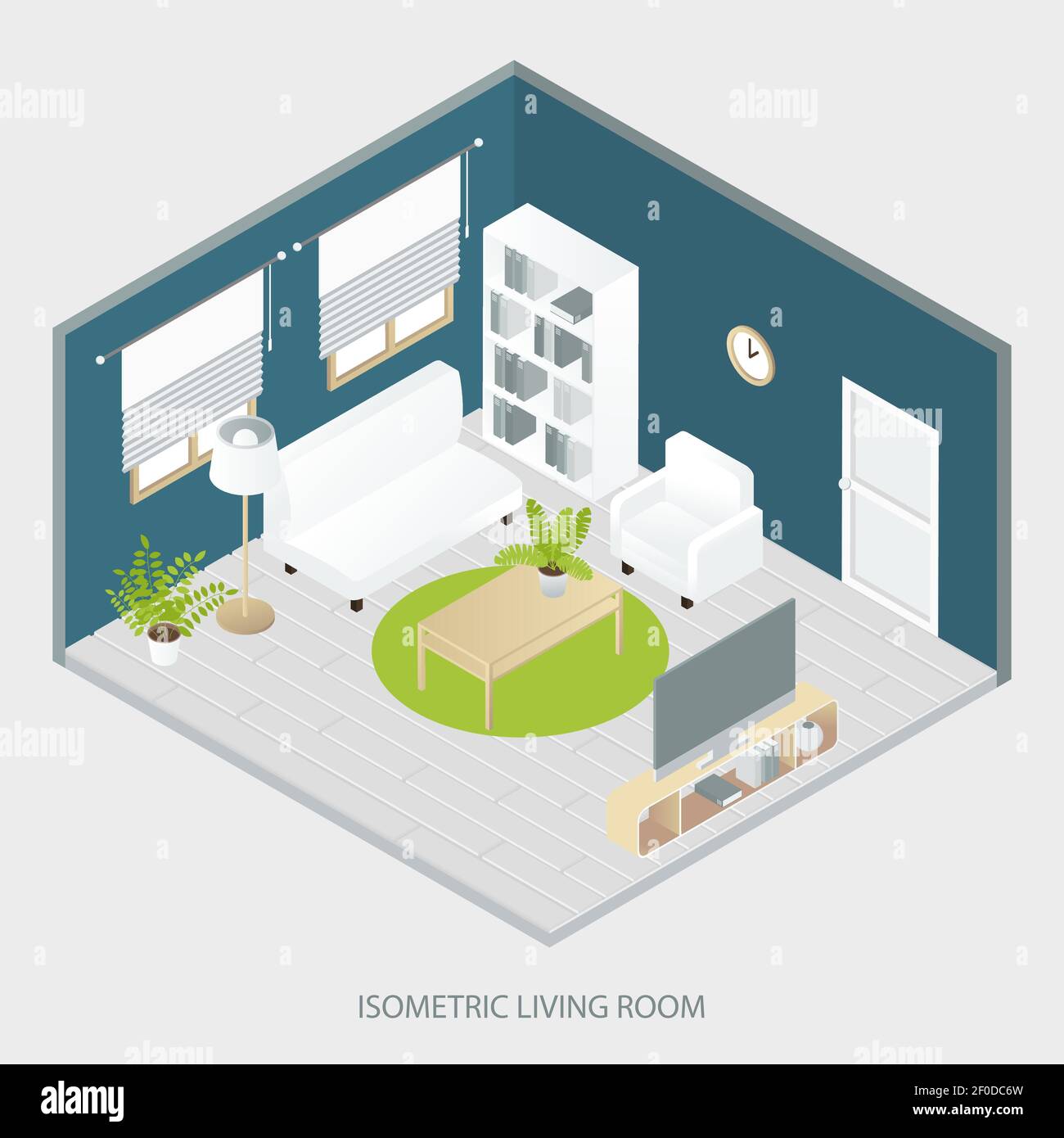 Isometric living room with white and beige furniture round carpet grey ...