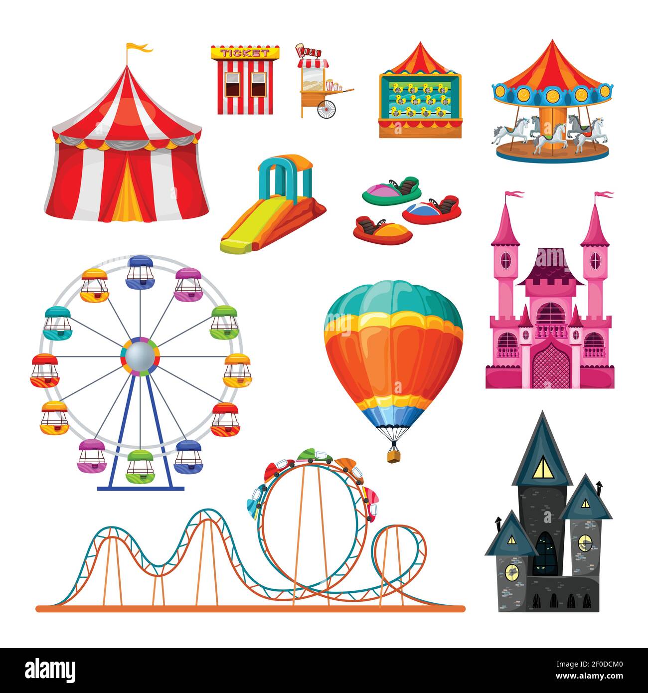 Amusement park colorful objects set of extreme attractions circus tent ticket and food stalls isolated vector illustration Stock Vector