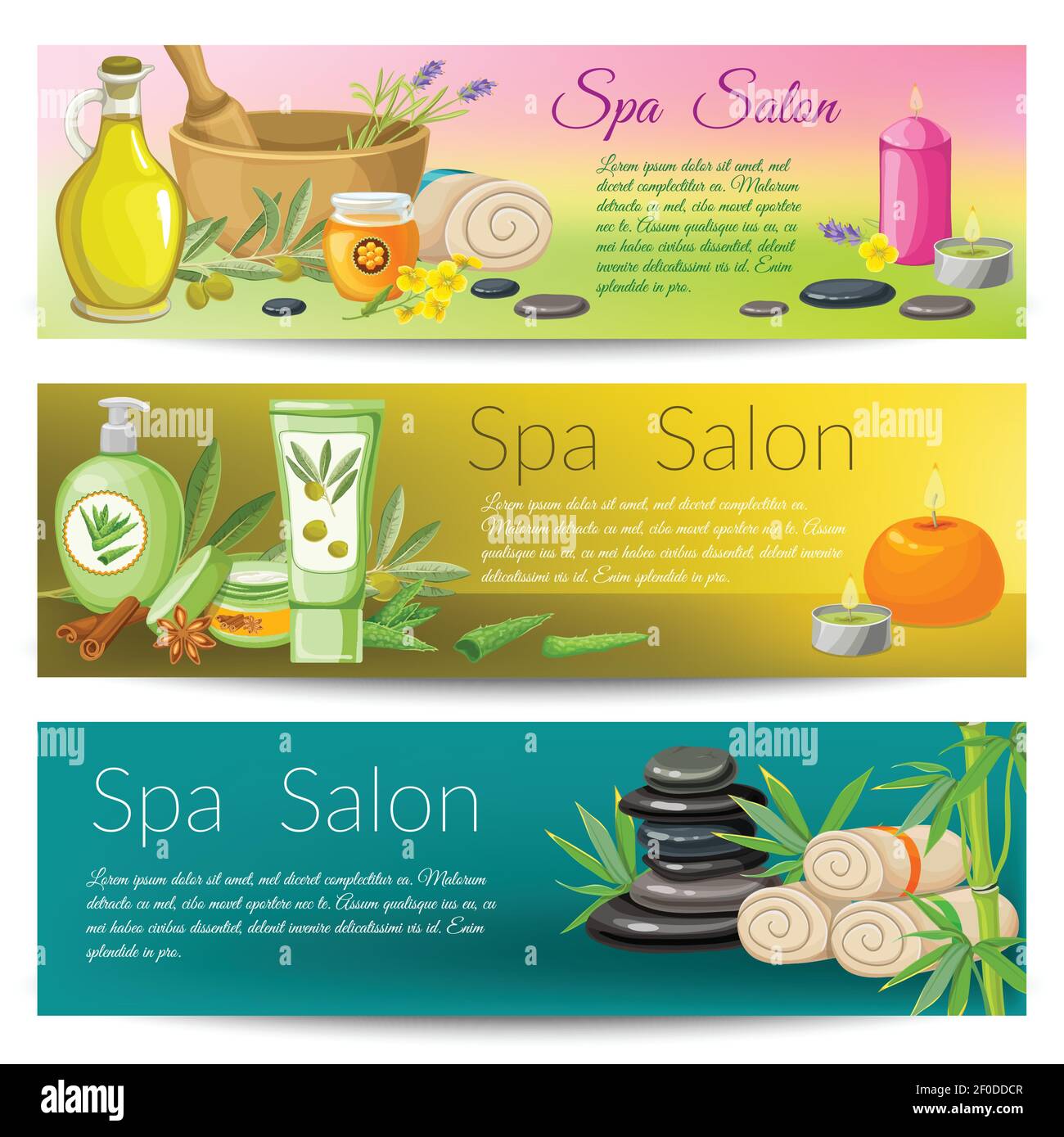 Spa salon banners collection with stone massage and candles herbs and
