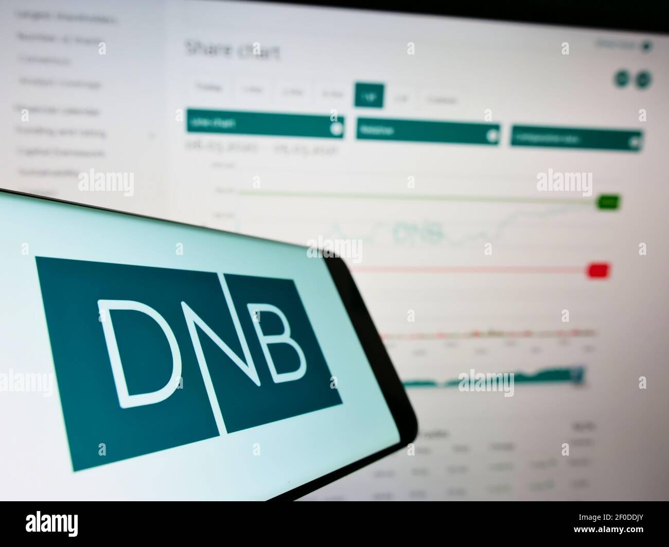 Smartphone with logo of Norwegian financial services company DNB ASA on screen in front of website with stock info. Focus on center of phone display. Stock Photo