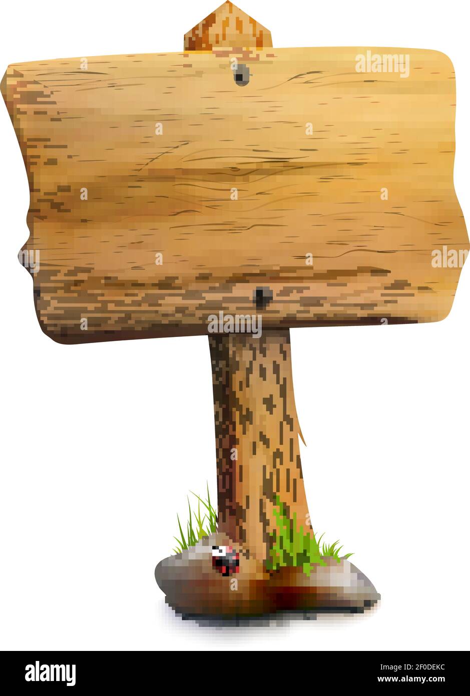 Single blank wooden signpost with screws on board ladybug on stone and