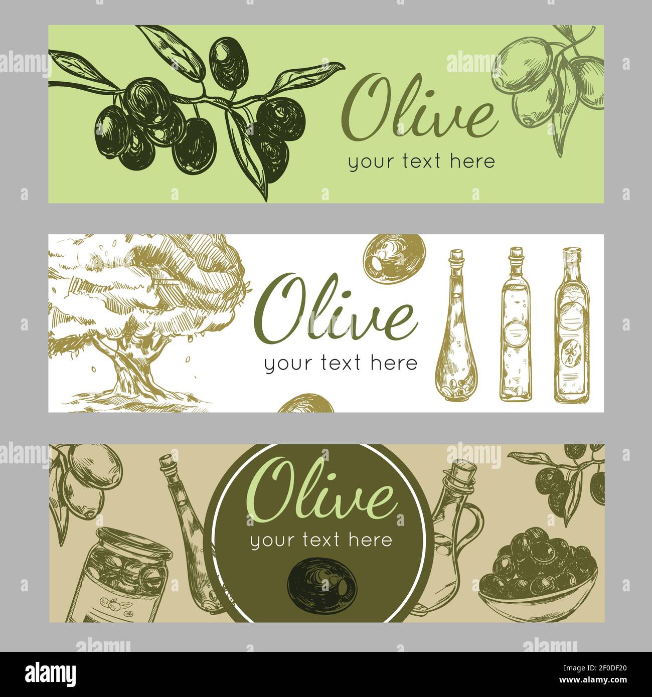 Three horizontal hand drawn olive oil banner set with different colors ...