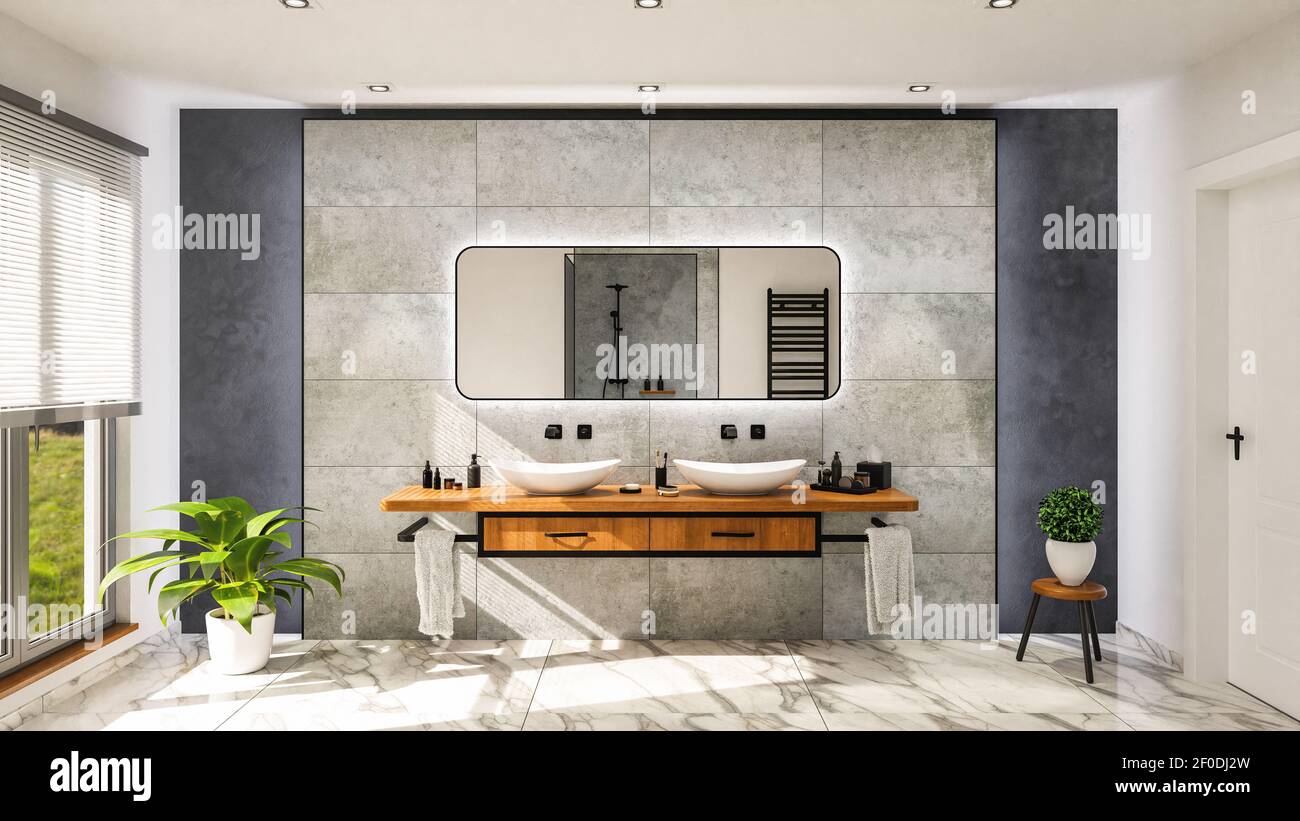 Modern bathroom with vanity basin on a wodden oak top vanity with black water faucet 3D-Illustration Stock Photo