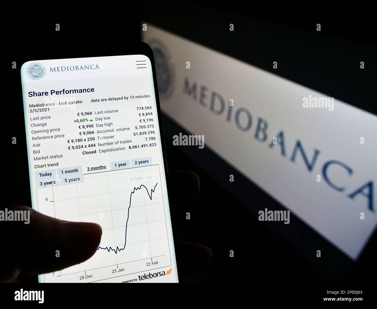 Person holding mobile phone with webpage and stock chart of Italian bank Mediobanca on screen in front of logo. Focus on center of phone display. Stock Photo