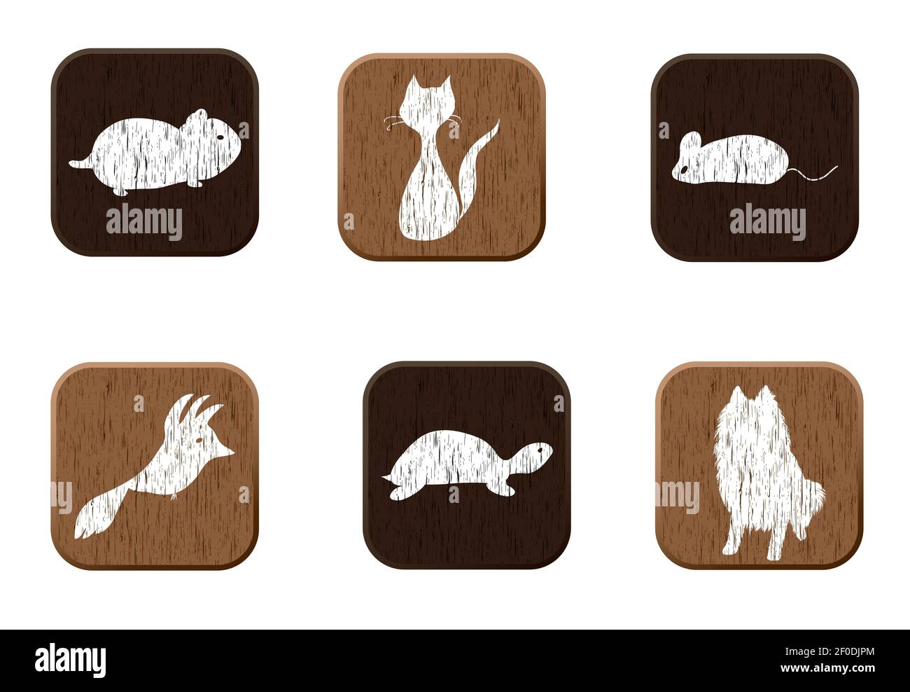 Pet shop wooden icons set with pets silhouettes. Stock Photo