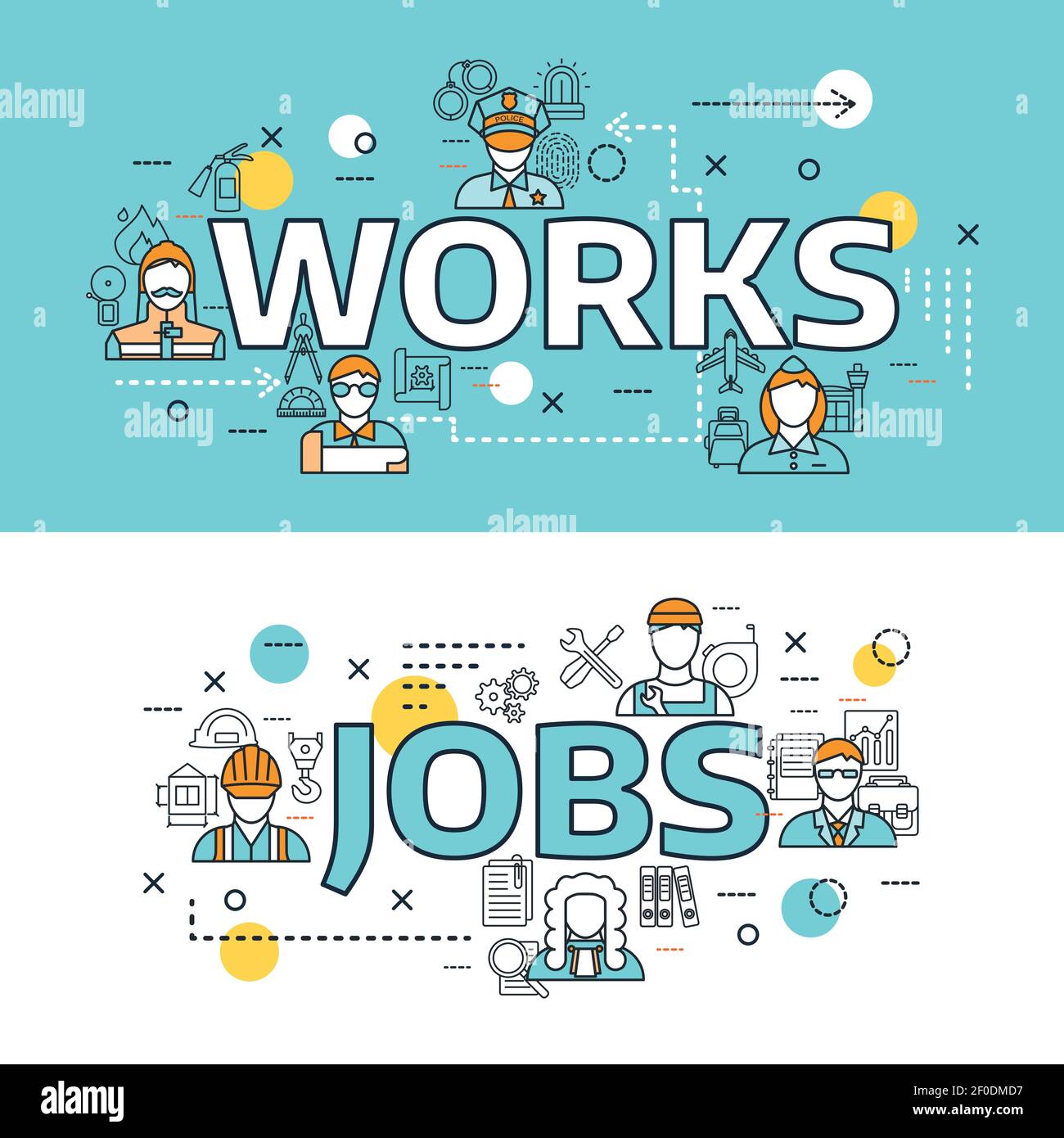 Two horizontal professions avatars line banner set with works and jobs