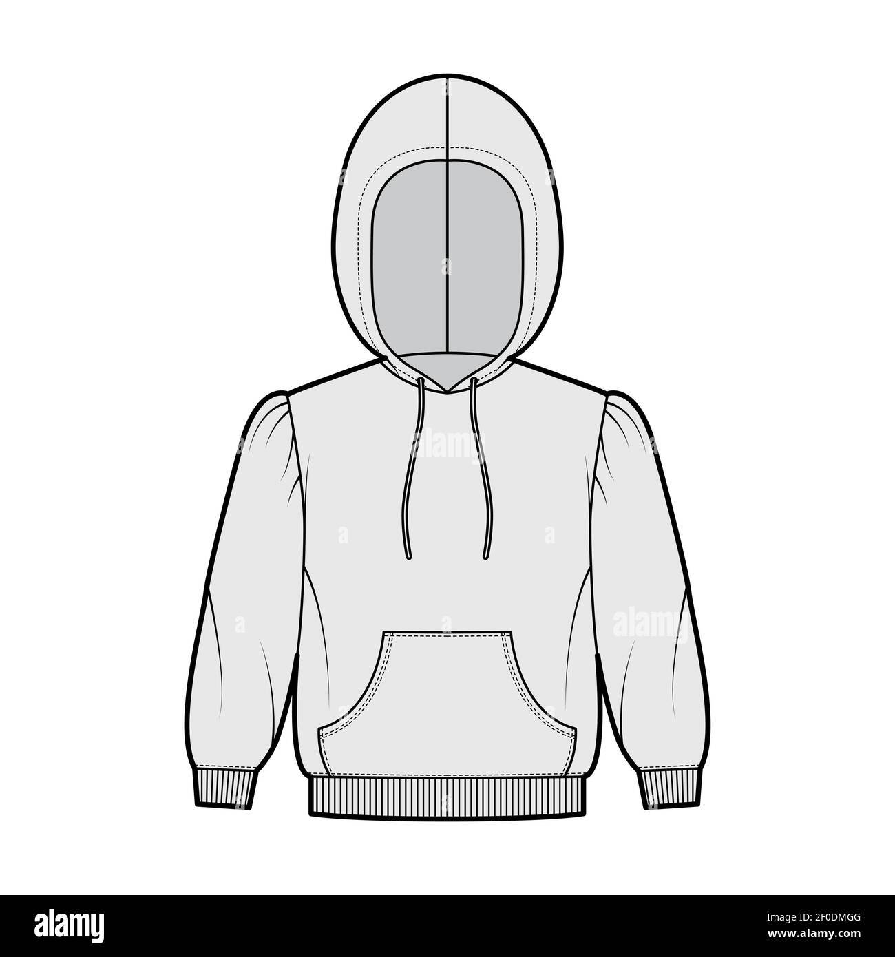 Hoody sweatshirt technical fashion illustration with elbow sleeves, relax  body, kangaroo pouch, knit rib cuff, banded hem. Flat apparel template  front, grey color. Women, men, unisex CAD mockup Stock Vector Image &