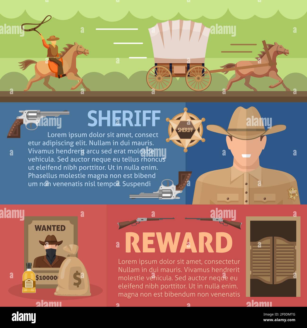 Wild west horizontal banners set with working cowboy sheriff and reward for catching criminal isolated vector illustration Stock Vector
