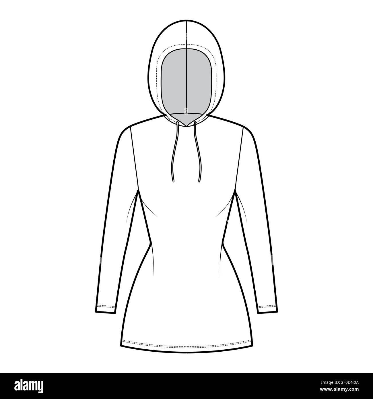 Hoody dress technical fashion illustration with long sleeves, mini length, fitted body, Pencil fullness. Flat apparel sweater template front, white color style. Women, men, unisex CAD mockup Stock Vector