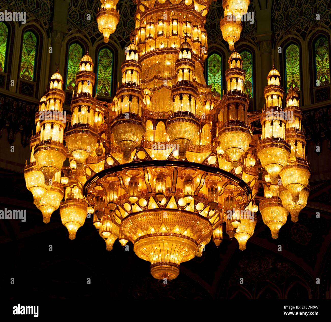 In oman muscat old mosque and the antique glass chandelier Stock Photo