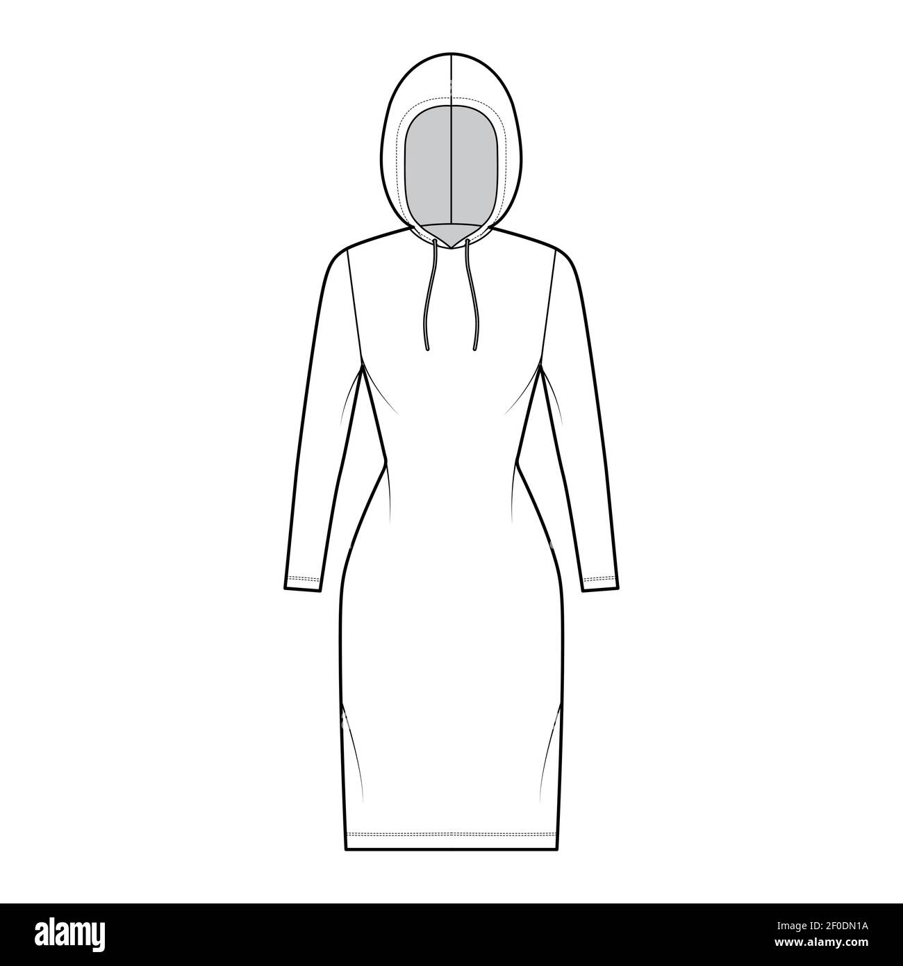 Hoody dress technical fashion illustration with long sleeves, knee length, fitted body, Pencil fullness. Flat apparel sweater template front, white color style. Women, men, unisex CAD mockup Stock Vector