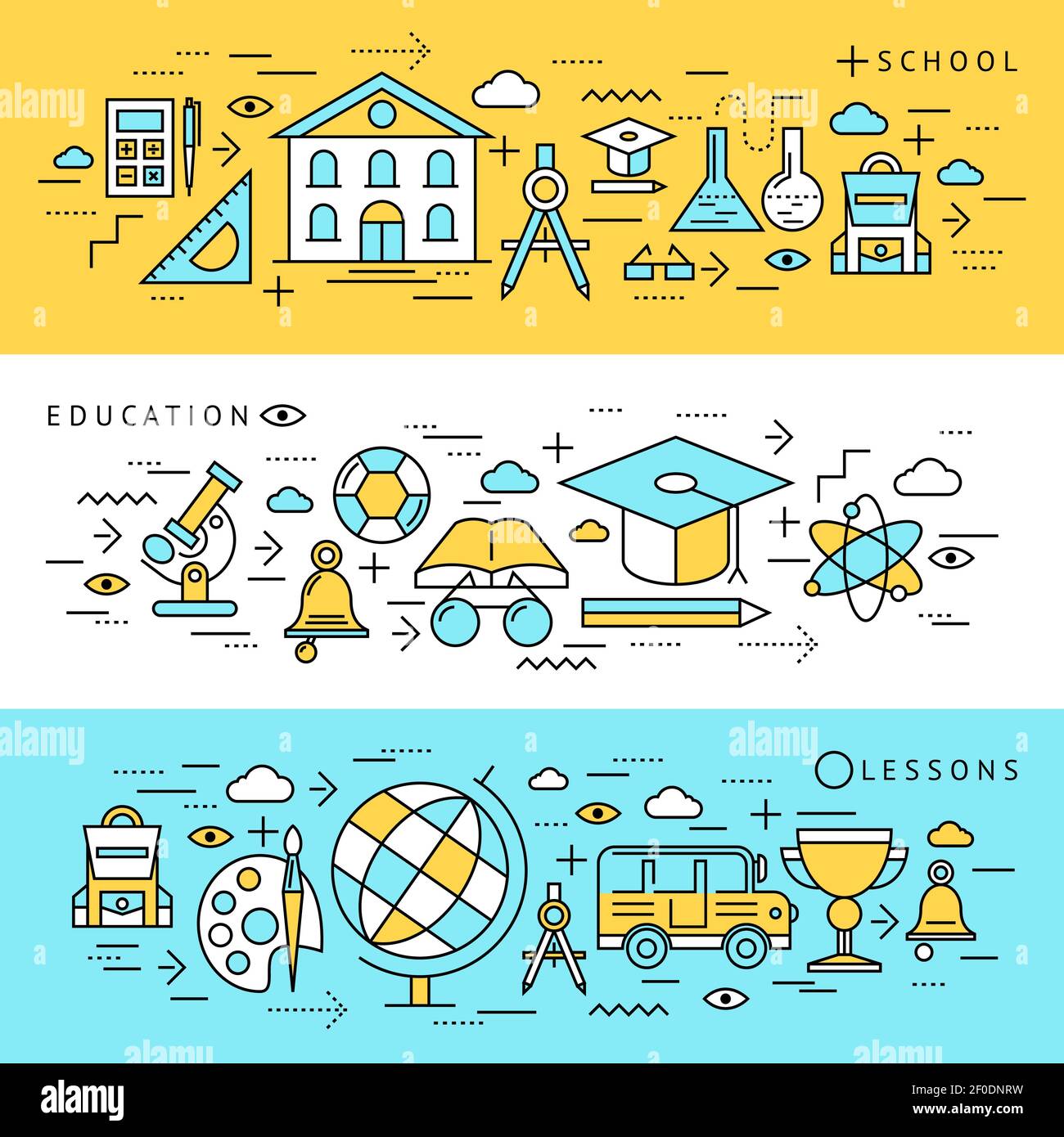 Three flat school banners set with isolated science and education ...