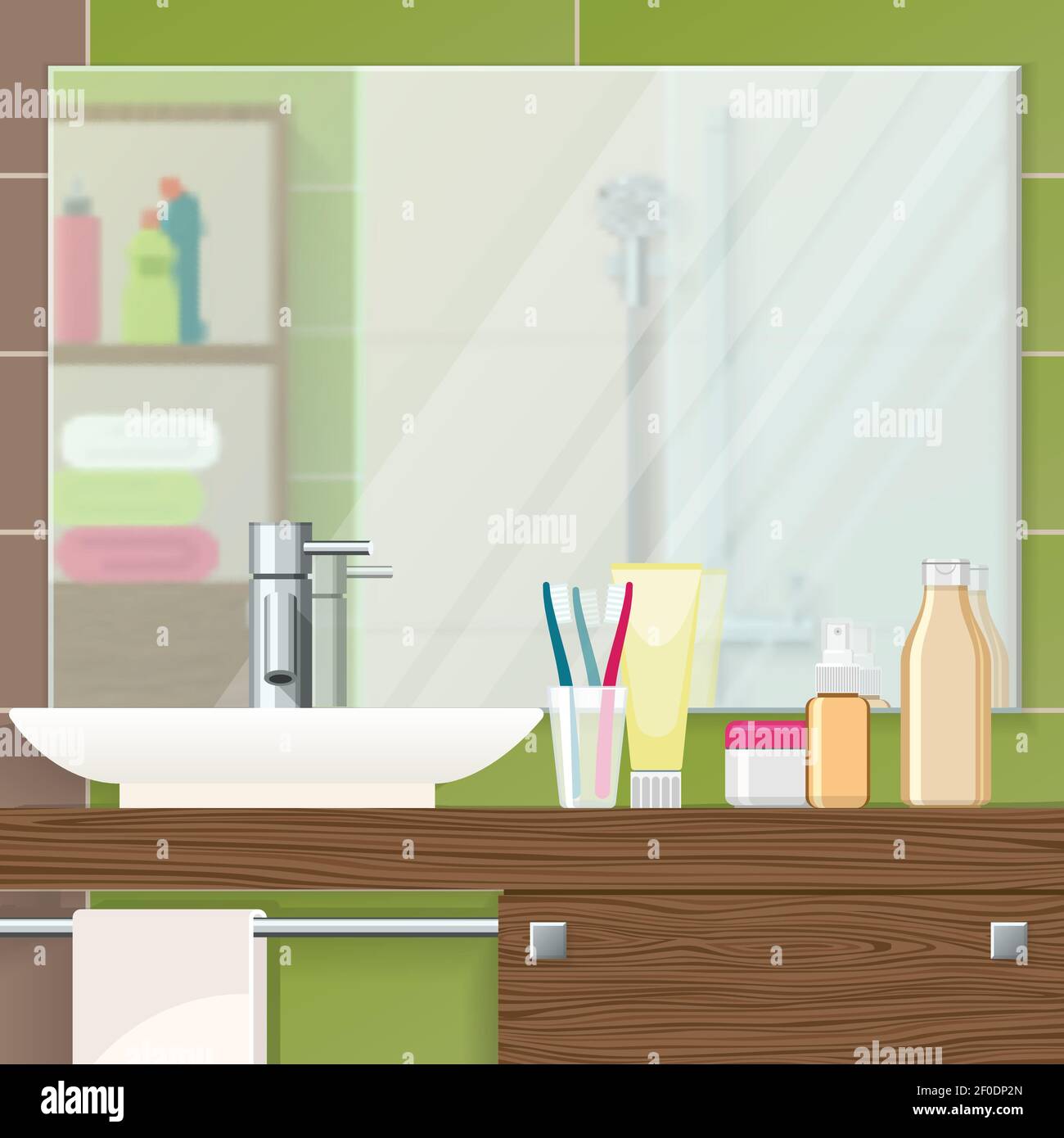 Bathroom interior closeup with mirror on tiled wall sink and cosmetics ...