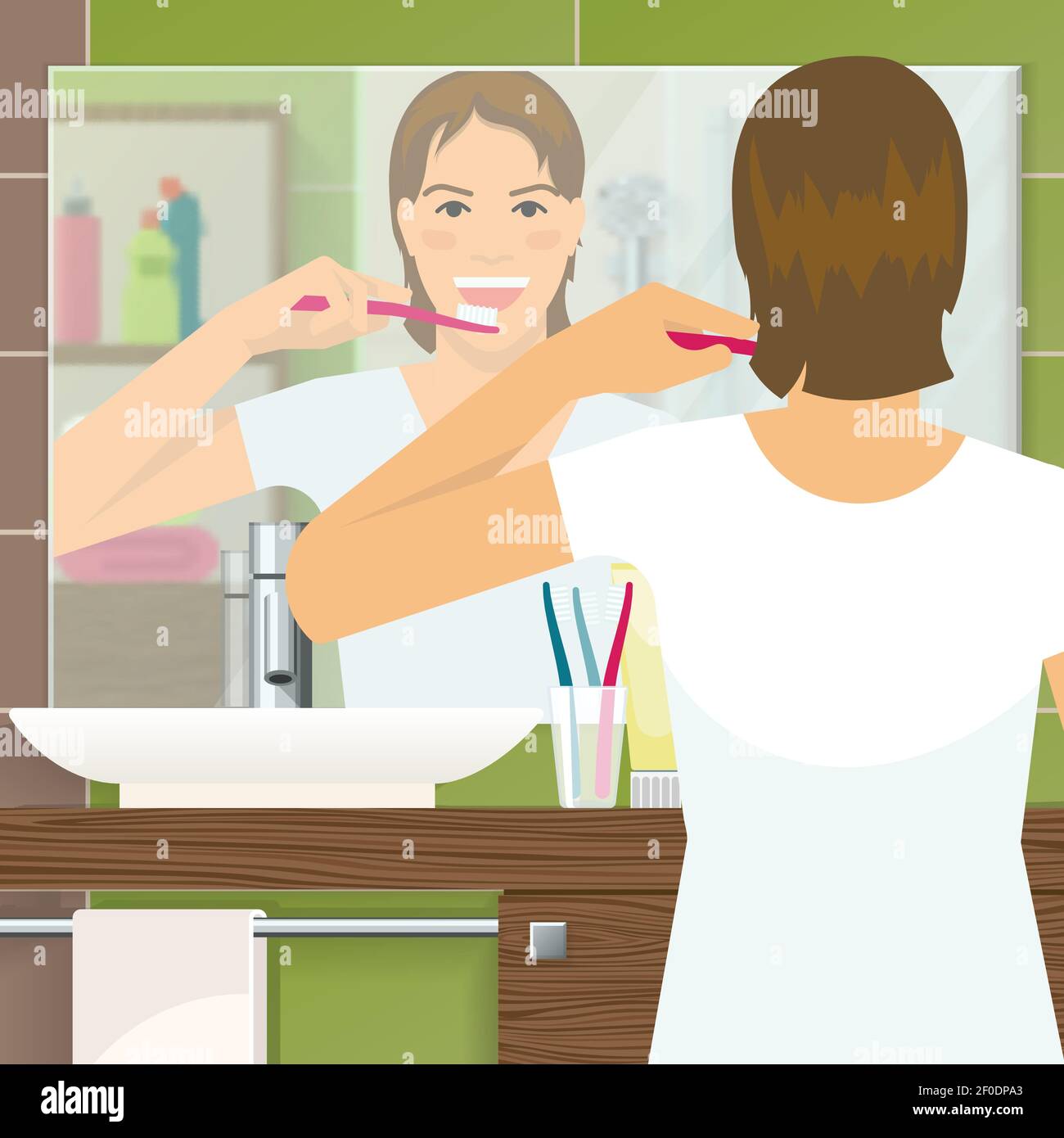 Brushing teeth design with young woman and her reflection in mirror