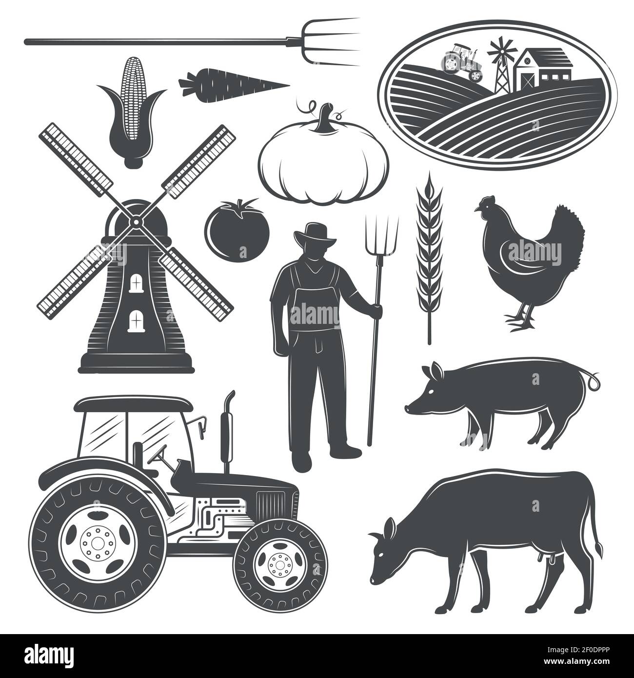 Farm monochrome elements set with man windmill and tractor animals and vegetables rural landscape isolated vector illustration Stock Vector