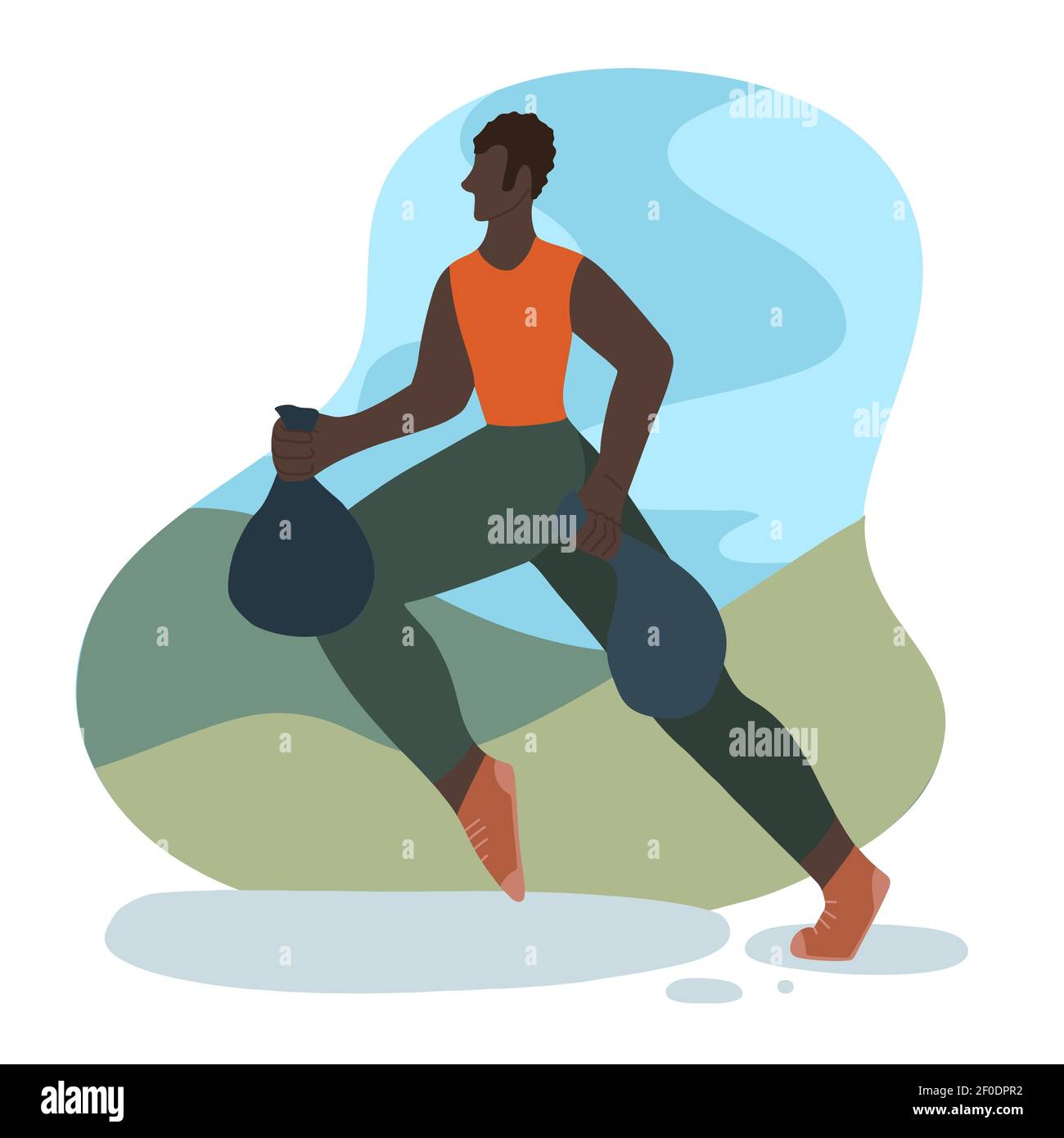Plogging. Environmental movement. Healthy lifestyle. African man jogging with a garbage bag in park. Physical activity and care for the environment. M Stock Vector