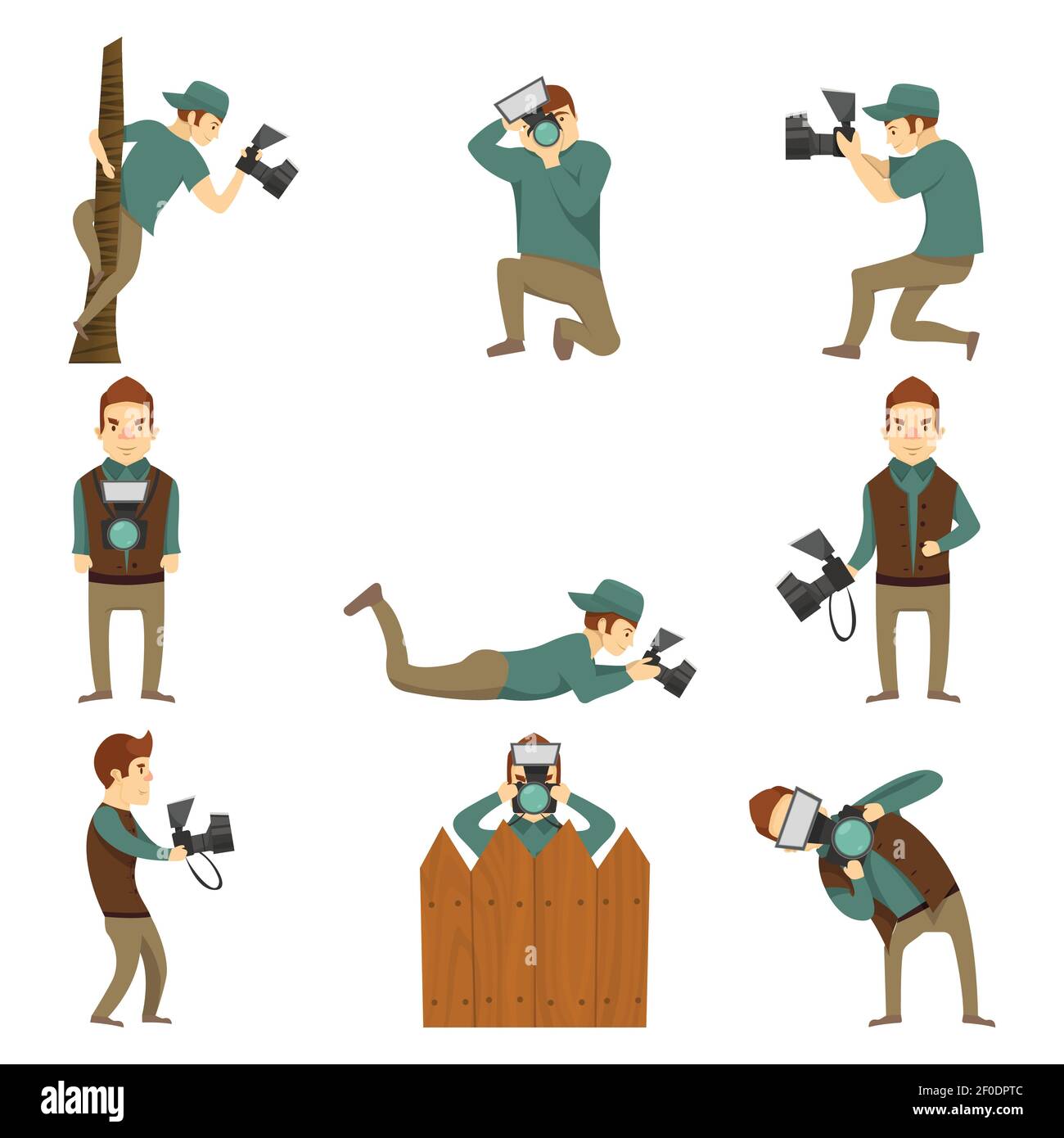 Flat isolated cartoon icons set of creative photographer male character taking photos in different positions blank background vector illustration Stock Vector