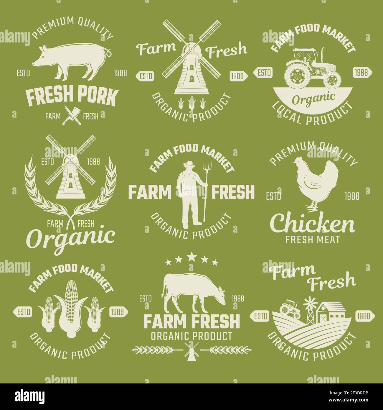Farm monochrome emblems of organic fresh products with animals and ...