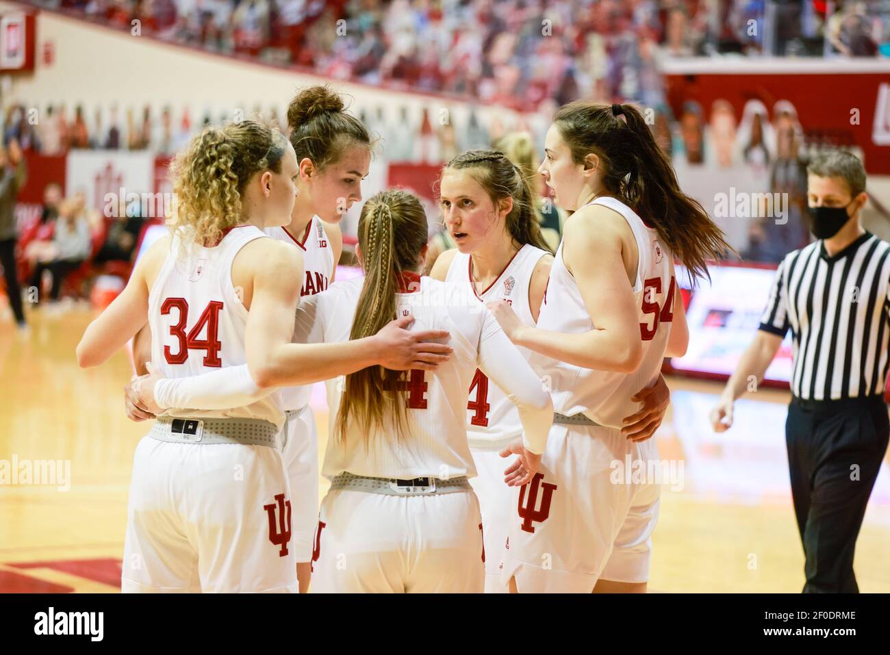 Bloomington, United States. 06th Mar, 2021. Indiana University huddles while playing against Purdue during the NCAA women's basketball game between Indiana University and Purdue at Simon Skjodt Assembly Hall. The Hoosiers beat Purdue 74-59. Credit: SOPA Images Limited/Alamy Live News Stock Photo