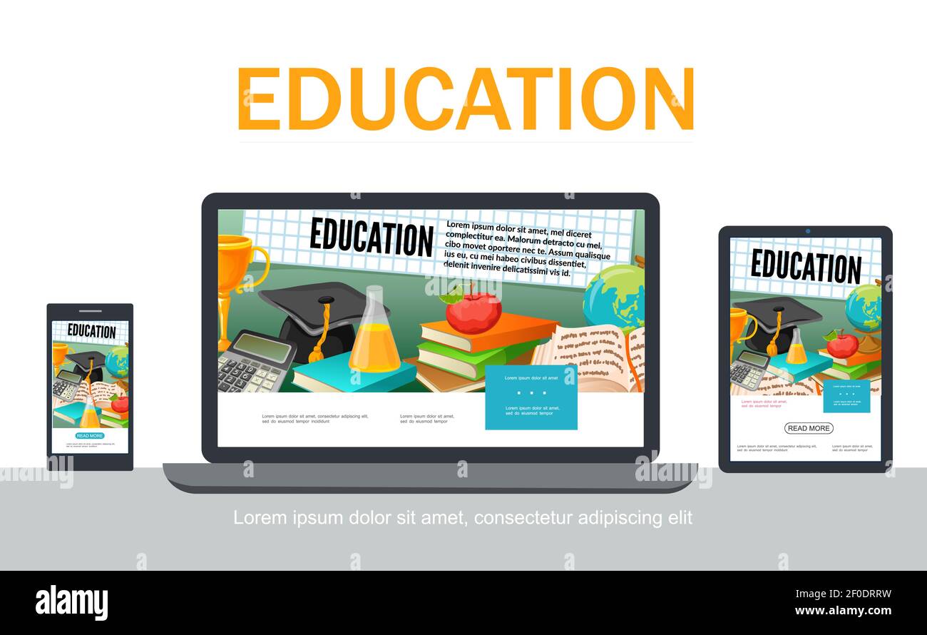 Flat school adaptive design concept with graduation cap test tube apple