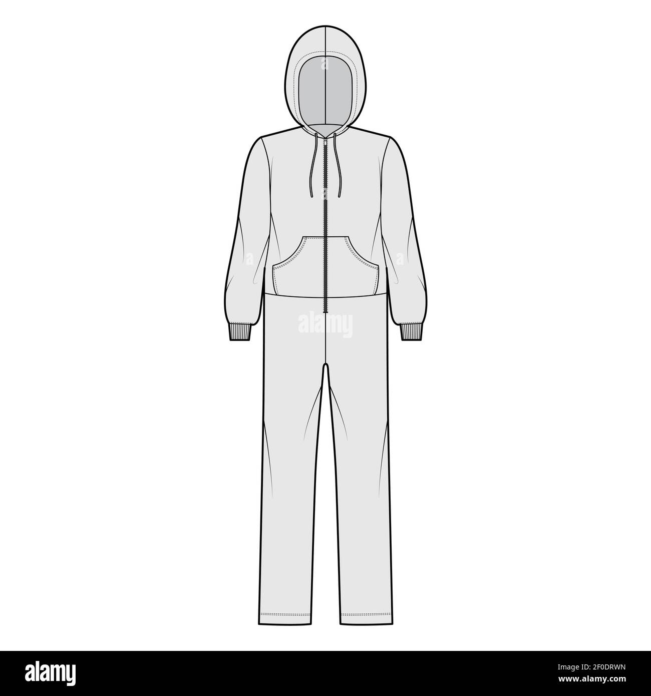 Onesie overall jumpsuit sleepwear technical fashion illustration with full  length, oversized, hood, zipper closure, kangaroo pouch. Flat Dungaree front,  grey color style. Women, men unisex CAD mockup Stock Vector Image & Art -