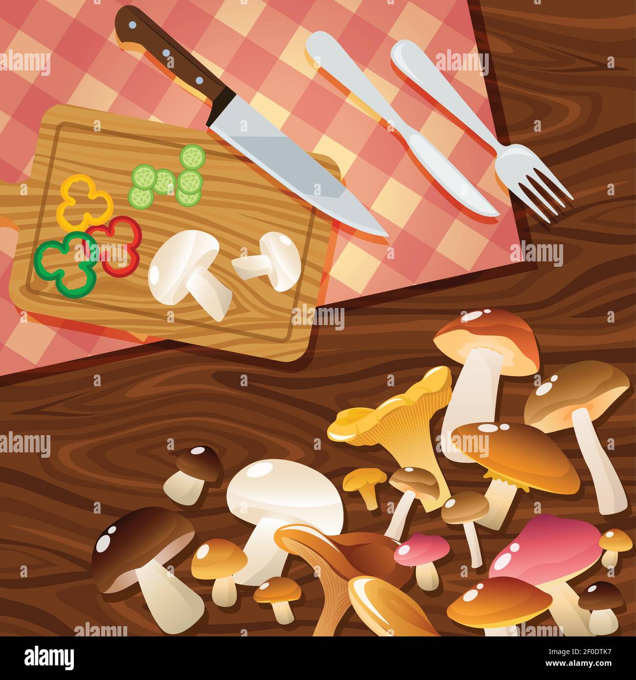 Wild ripe mushroom set over wooden table background composition with salad elements on cutting board kitchenware vector illustration Stock Vector