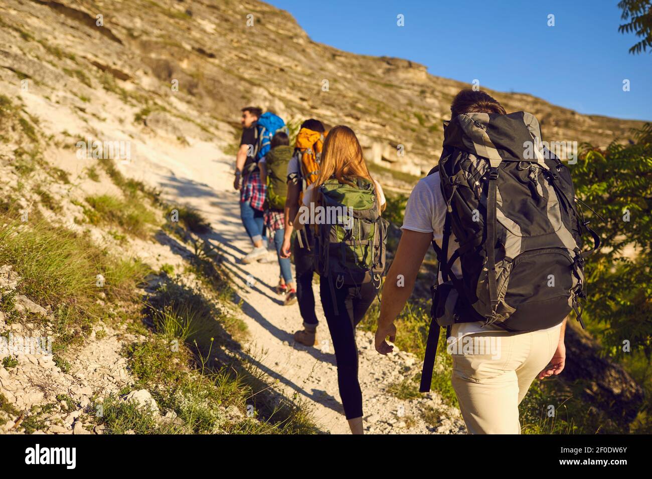 Group of tourists hikers climbing natural rocks with backpacks in row, rear view Stock Photo