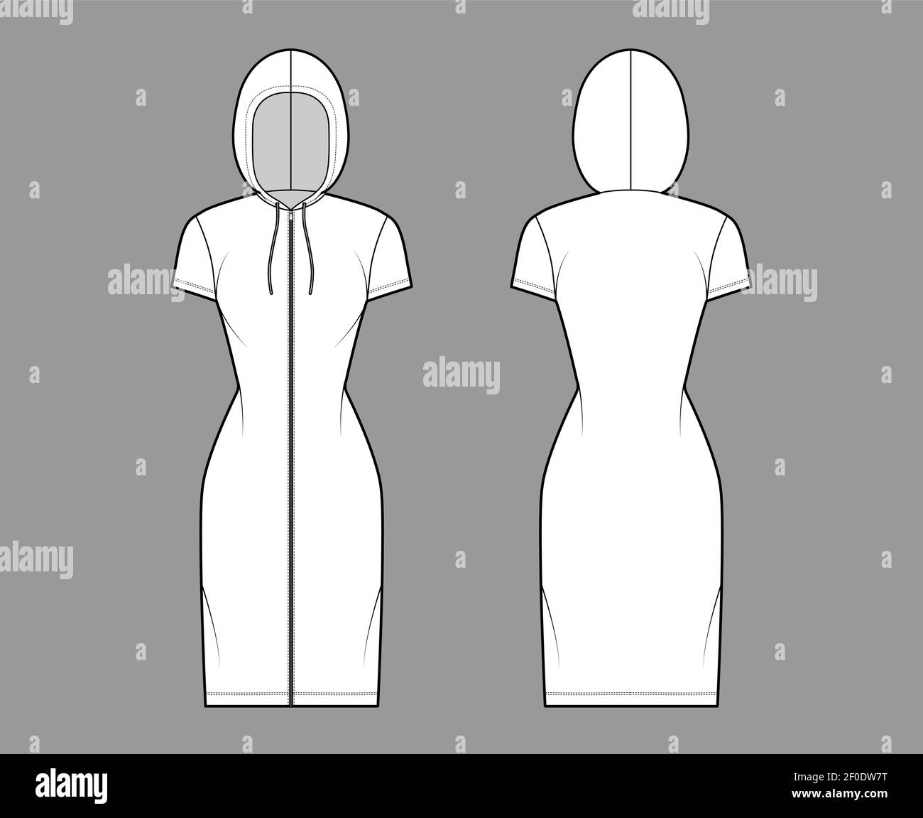 Zip-up Hoody dress technical fashion illustration with short sleeves, knee length, fitted body, Pencil fullness. Flat apparel template front, back, white color style. Women, men, unisex CAD mockup Stock Vector